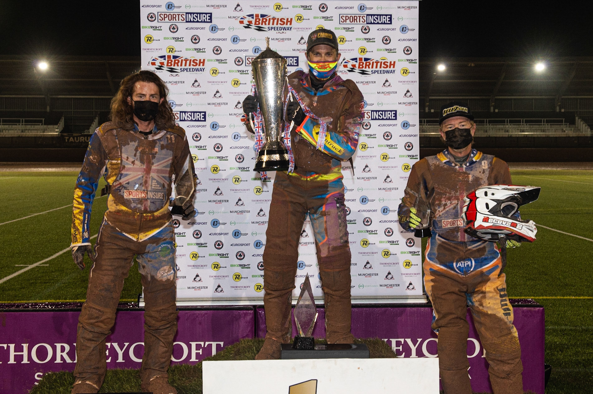 Photo: Ian CharlesBritish Final Top 3:(l-r) Richard Lawson  (2nd), Rory Schlein (Winner), Jason Crump  (3rd)Sports Insure British Speedway Championship Final, National Speedway Stadium, Manchester Monday  28  September  2020