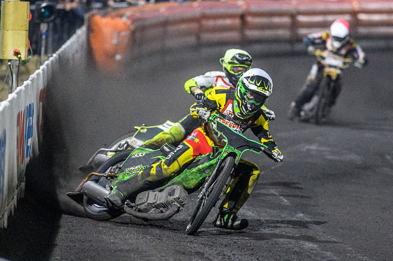 Damirs Filimonov of Latvia in White leading Lars Skupien of Poland in Yellow and Victor Larsen of Denmark in Red during the Golden JOPA Helmet at Sportpark Veenoord, Veenoord, Netherlands on Saturday 21st September 2024. (Photo: Ian Charles | MI News)