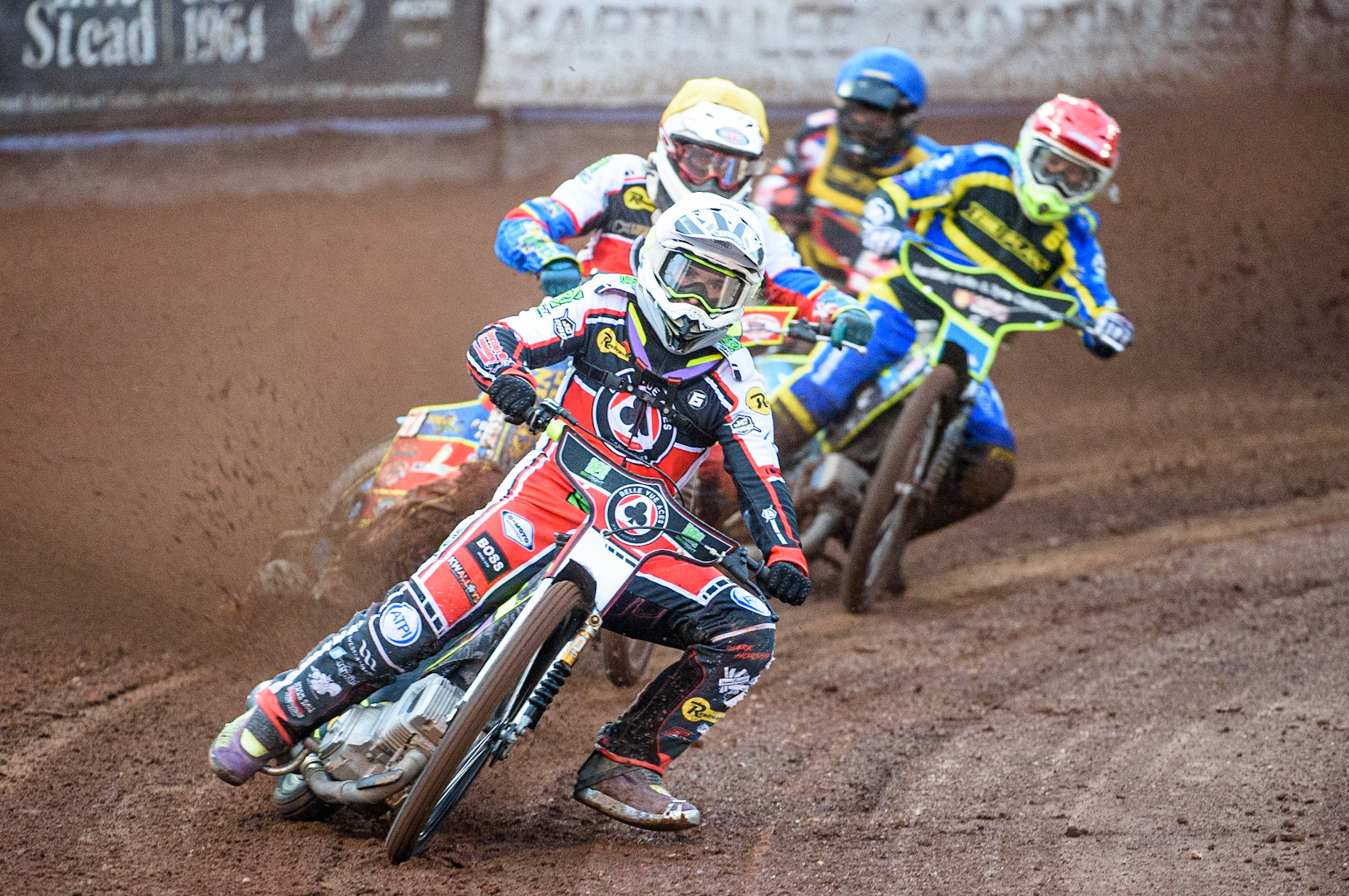 SHEFFIELD, UK. AUG 2NDTom Brennan  (White) and Simon Lambert  (Yellow) lead Danyon Hume  (Red) and Nathan Greaves  (Blue) during the SGB Premiership match between Sheffield Tigers and Belle Vue Aces at Owlerton Stadium, Sheffield on Thursday 2nd September 2021. (Credit: Ian Charles | MI News)