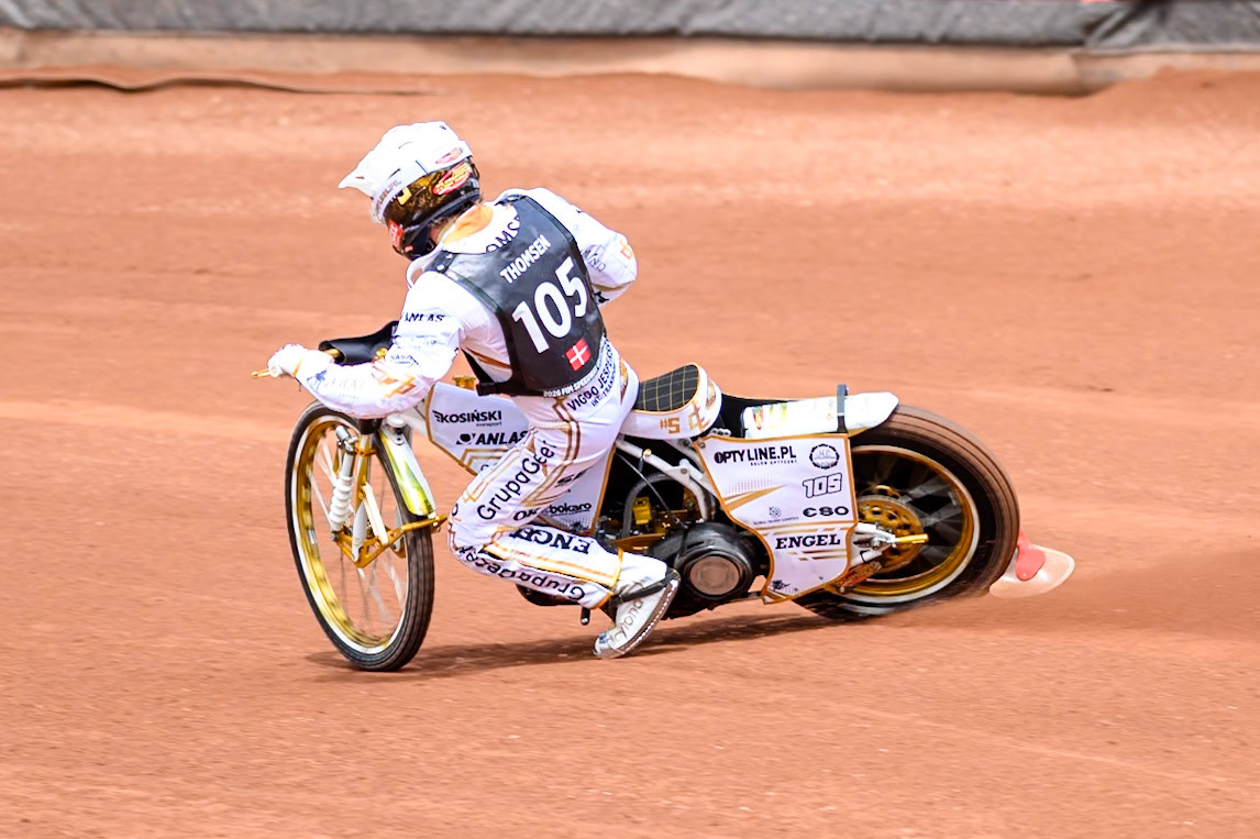 Anders Thomsen (105) of Denmark during practice for the ATPI  FIM Speedway GP of Manchester at the National Speedway Stadium, Manchester on Friday 5th June 2026. (Photo: Ian Charles | MI News)