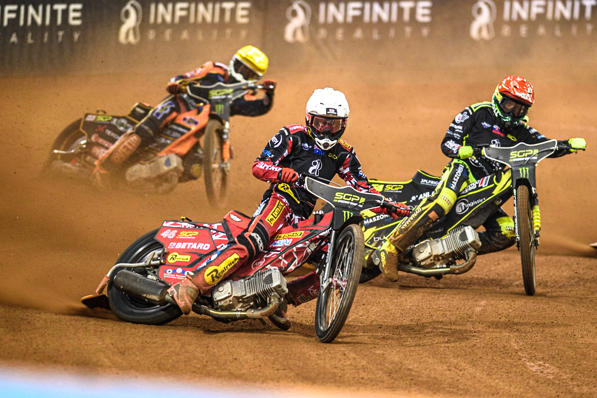 Max Fricke (46) (White) leads  Martin Vaculik (54) (Red) and Mikkel Michelsen (155) (Yellow) during the FIM Speedway Grand Prix of Great Britain at the Principality Stadium, Cardiff on Saturday 2nd September 2023. (Photo: Ian Charles | MI News)