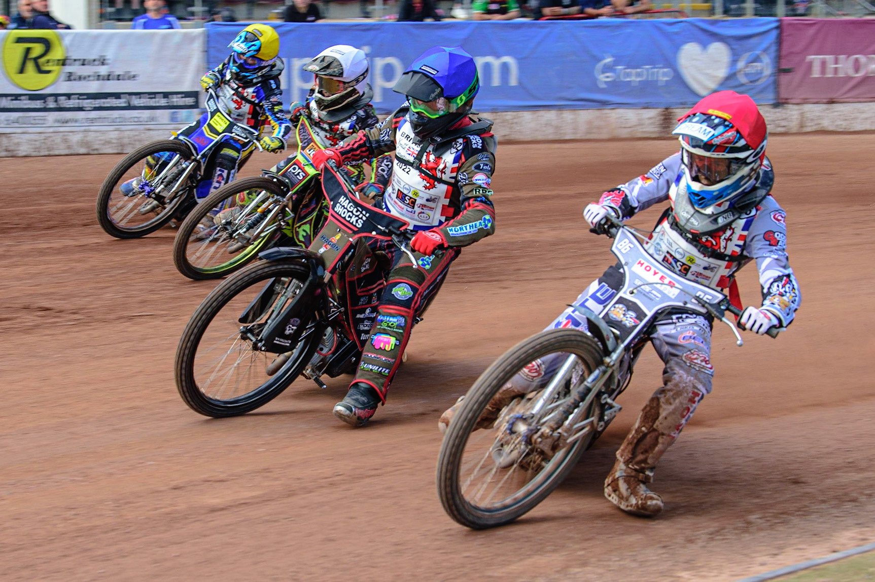 MANCHESTER, UK. JUN 3RD Sonny Springer (86)  (Red) inside Ashton Vale (152) (Blue), William Cairns (145)  (White) and Jamie Etherington (22) (Yellow) during the British Youth Speedway Championship (Round 4)  at the National Speedway Stadium, Manchester on Friday 3rd June 2022. (Credit: Ian Charles | MI News)
