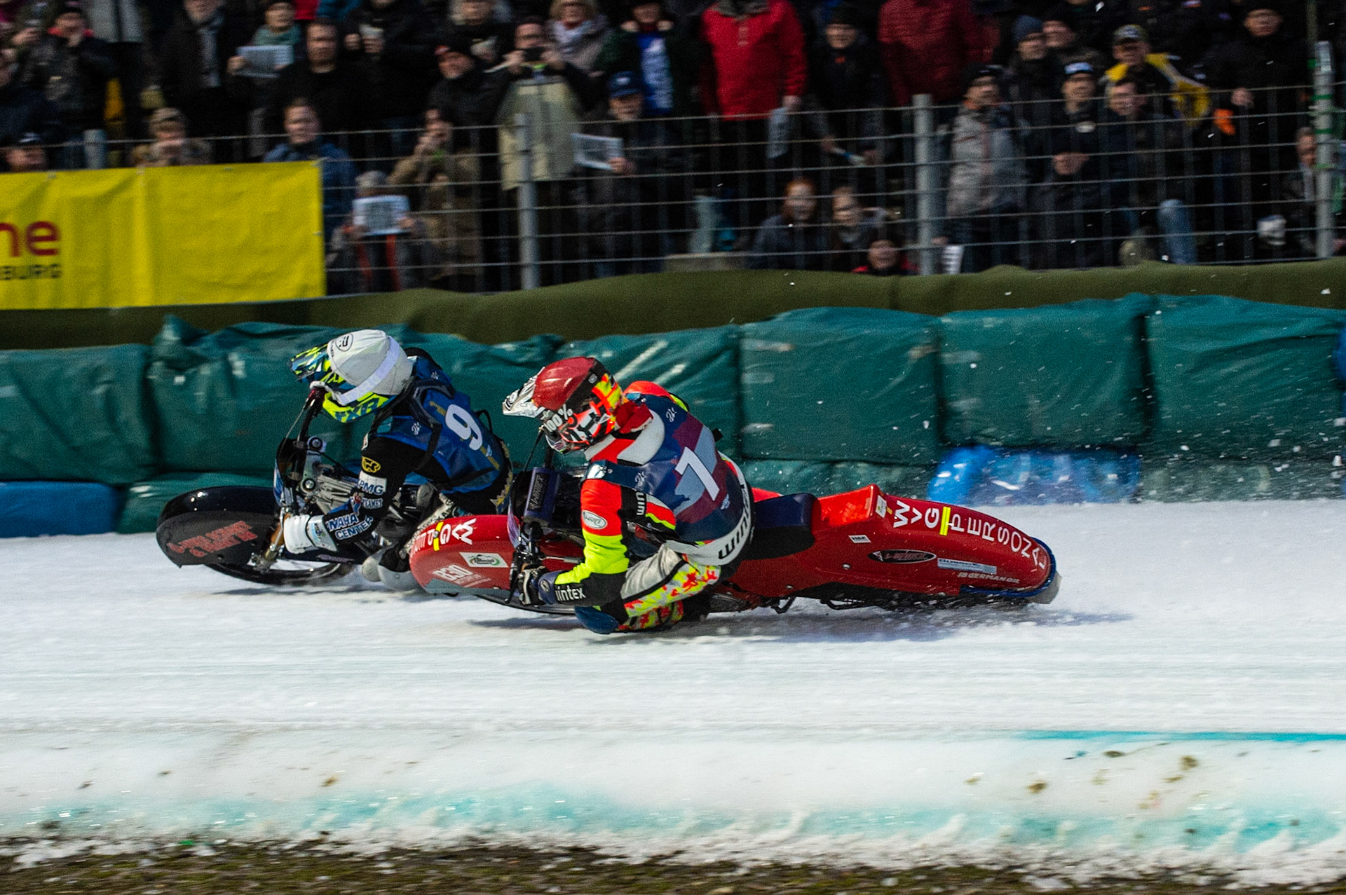 BERLIN GERMANY  - February 29  Harald Simon (Red) tries to pass Martin Haarahiltunen (White)  during theIce Speedway of Nations (Day 1) at the Horst-Dohm-Eisstadion, Berlin,  on Saturday 29 February 2020. (Credit: Ian Charles | MI News)