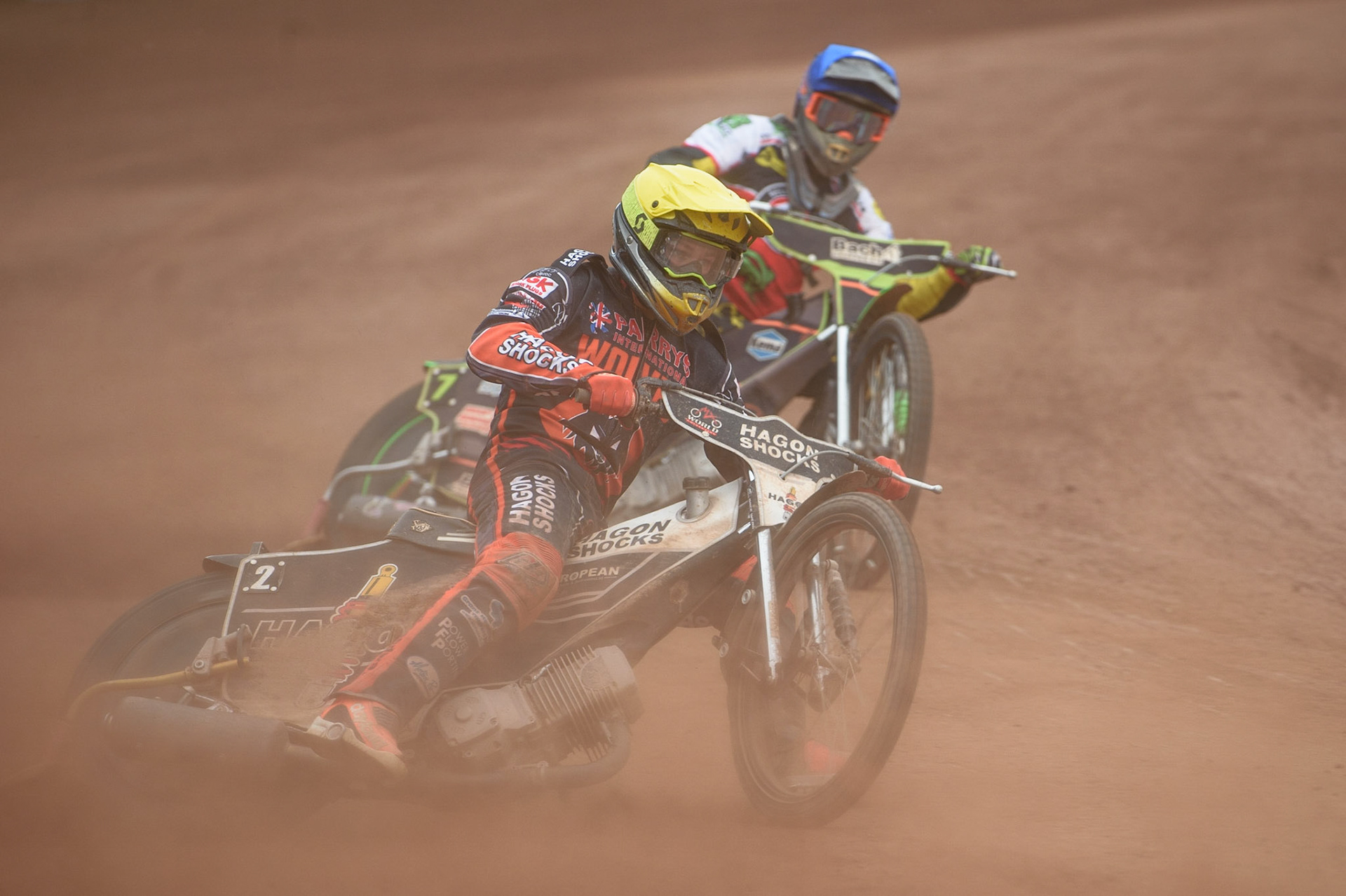 MANCHESTER, UK. AUGUST 30TH Broc Nicol  (Yellow) leads Nikolaj B. Jakobsen  (Blue) during the SGB Premiership match between Belle Vue Aces and Wolverhampton Wolves at the National Speedway Stadium, Manchester on Monday 30th August 2021. (Credit: Ian Charles | MI News)