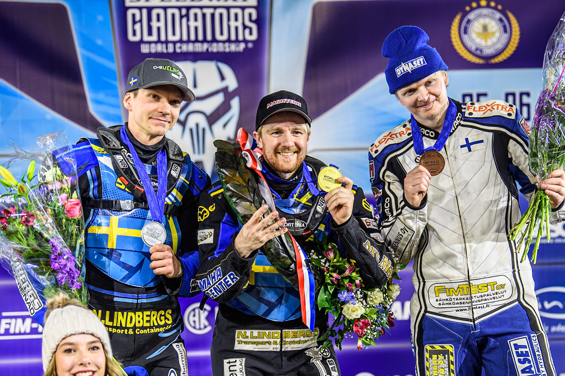 World Championship Top 3: (L to R) Niclas Svensson (Silver), Martin Haarahiltunen (Gold) Max Koivula (Bronze) during the FIM Ice Speedway Gladiators World Championship, Final 4 at the Ice Stadium, Thialf, Heerenveen on Sunday 6th April 2025. (Photo: Ian Charles | MI News)