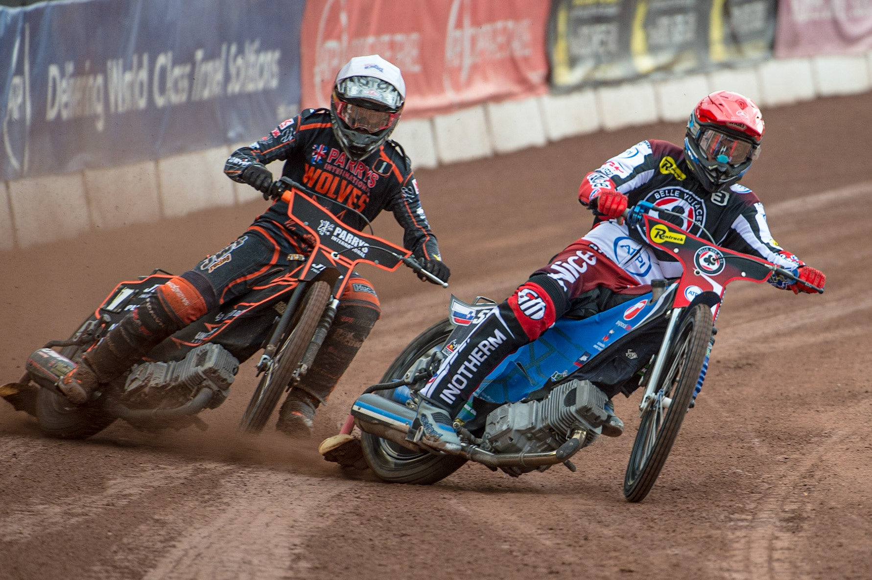 MANCHESTER, UK. JUN 13TH  Matej Zagar  (Red) leads Sam Masters  (White) during the SGB Premiership match between Belle Vue Aces and Wolverhampton  Wolves at the National Speedway Stadium, Manchester on Monday 13th June 2022. (Credit: Ian Charles | MI News)