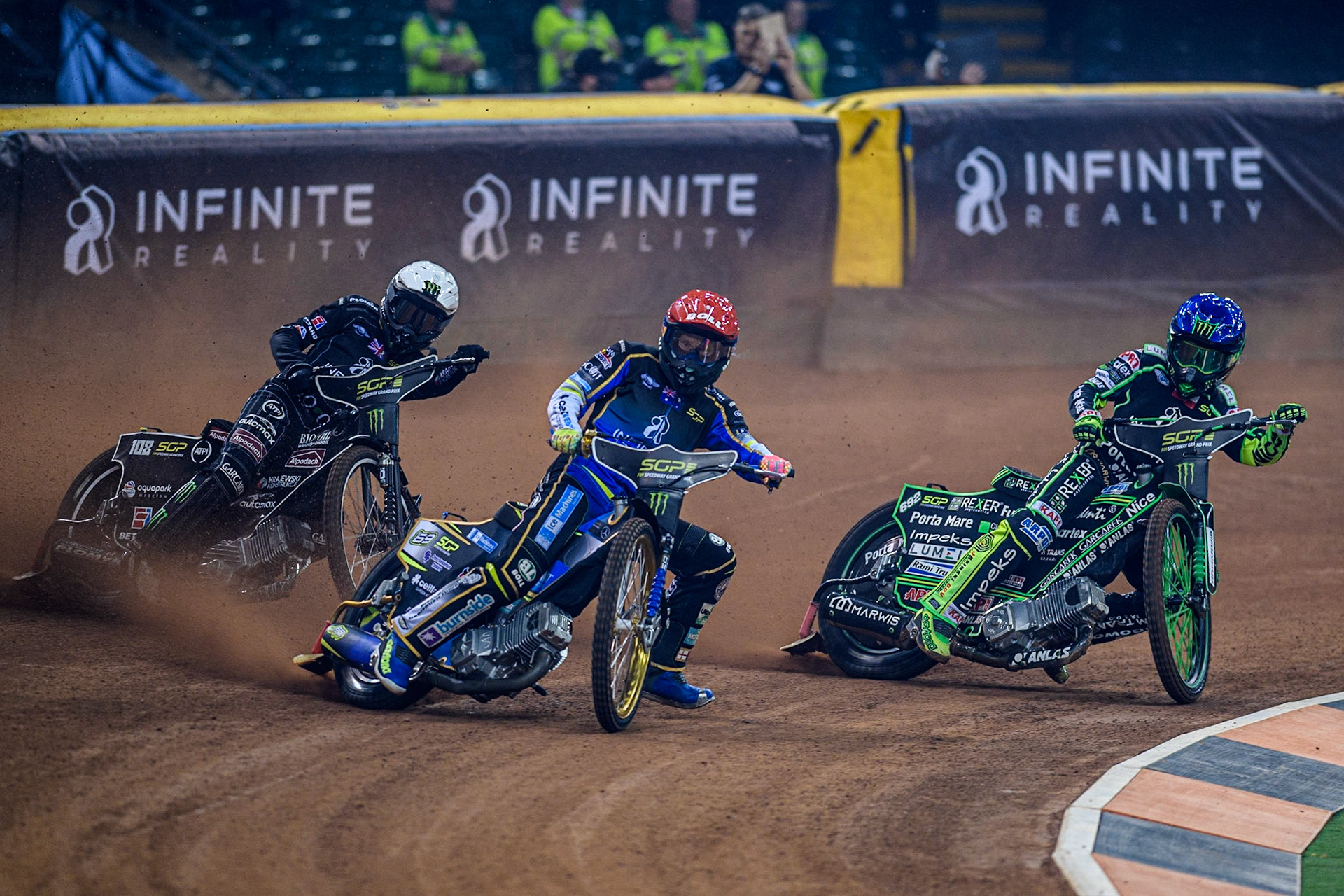 Jason Doyle (69) (Red) leads  Tai Woffinden (108) (White) and Patryk Dudek (692) (Blue)during the FIM Speedway Grand Prix of Great Britain at the Principality Stadium, Cardiff on Saturday 2nd September 2023. (Photo: Ian Charles | MI News)