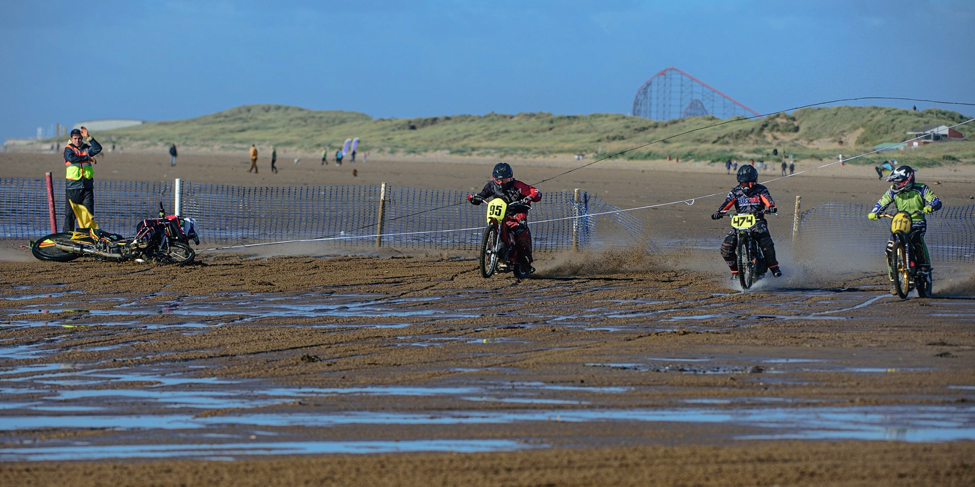 Paul Bowen (67) falls at the start after the starting gate malfunction during the Fylde ACU British Sand Racing Masters Championship on  Sunday 2nd October 2022. (Credit: Ian Charles | MI News)