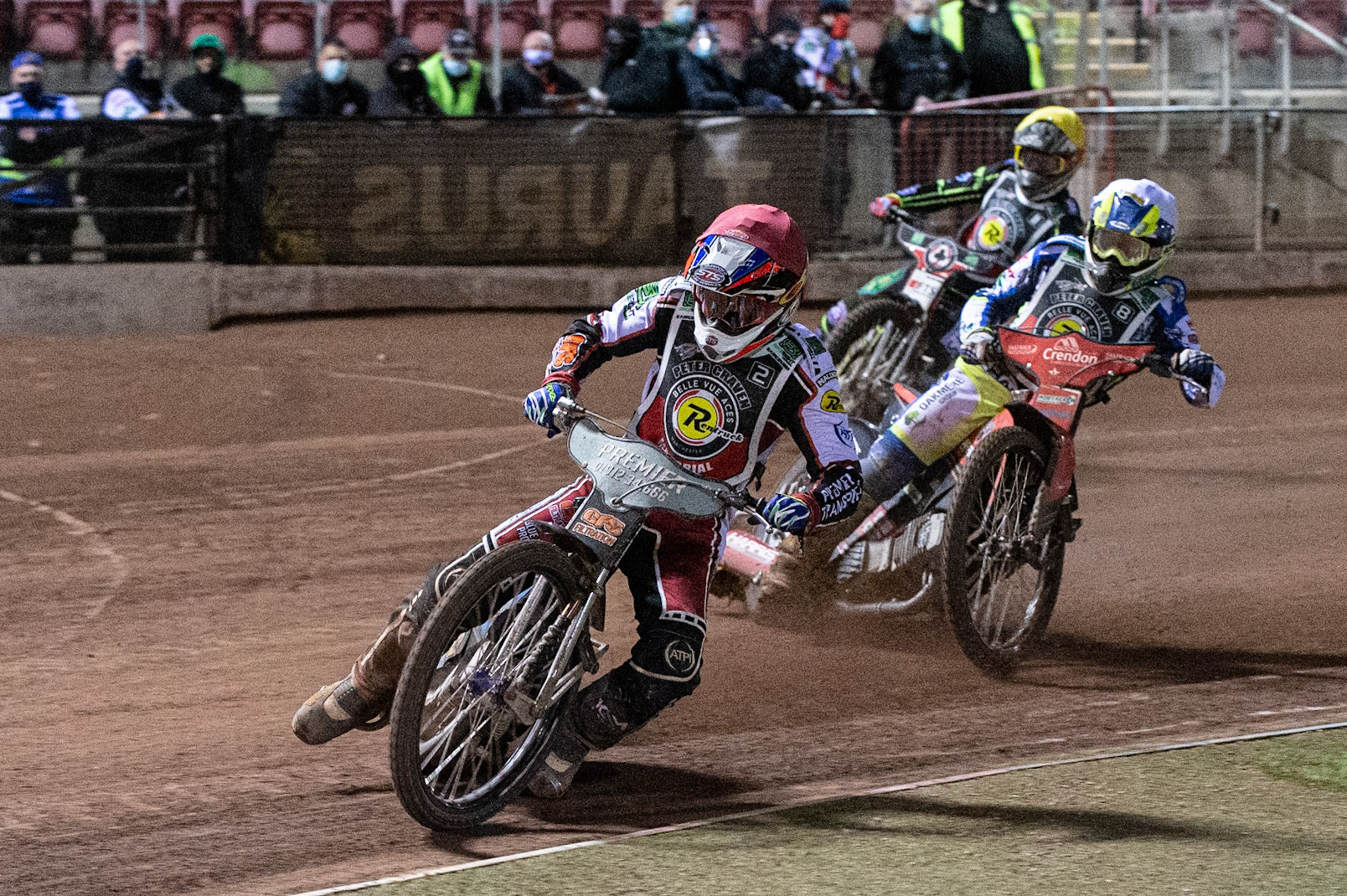 Photo: Ian CharlesSteve Worrall (Red) leads Chris Harris (White) and Jye Etheridge (Yellow)Peter Craven Memorial Trophy, National Speedway Stadium, Manchester Thursday  22  October  2020