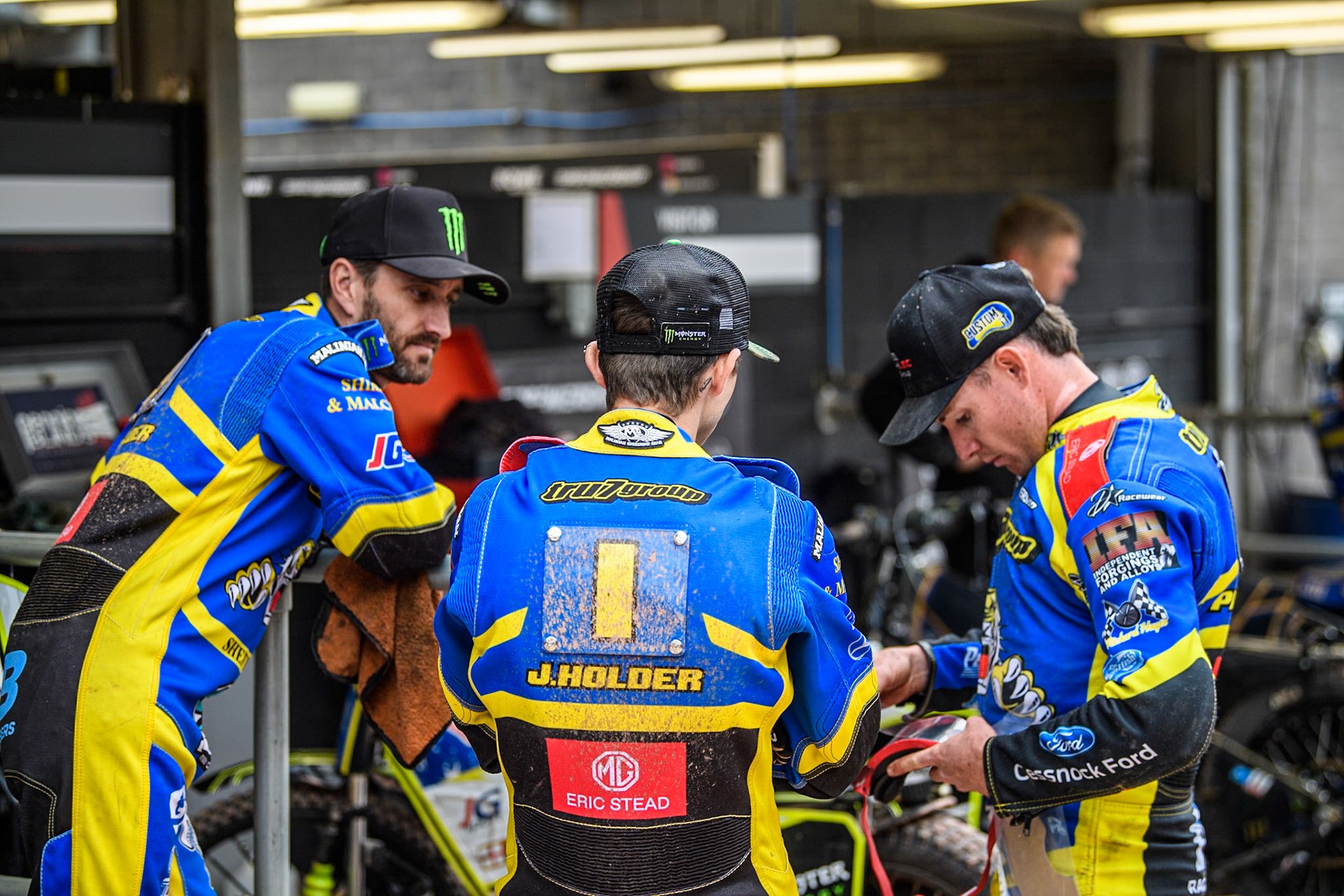 (L to R) \she5, Jack Holder of Sheffield Tigers and Josh Pickering of Sheffield Tigers in discussion during the Rowe Motor Oil Premiership match between Belle Vue Aces and Sheffield Tigers at the National Speedway Stadium, Manchester on Monday 5th May 2025. (Photo: Ian Charles | MI News)