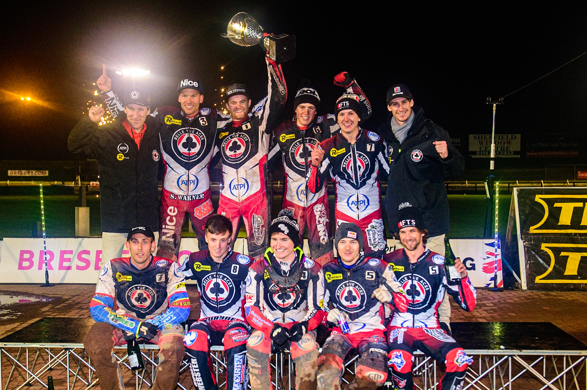 The Belle Vue ATPI Aces celebrate as Premiership Champions 2022 during the SGB Premiership Grand Final 2nd Leg between Sheffield Tigers and Belle Vue Aces at Owlerton Stadium, Sheffield on Thursday 13th October 2022. (Credit: Ian Charles | MI News)