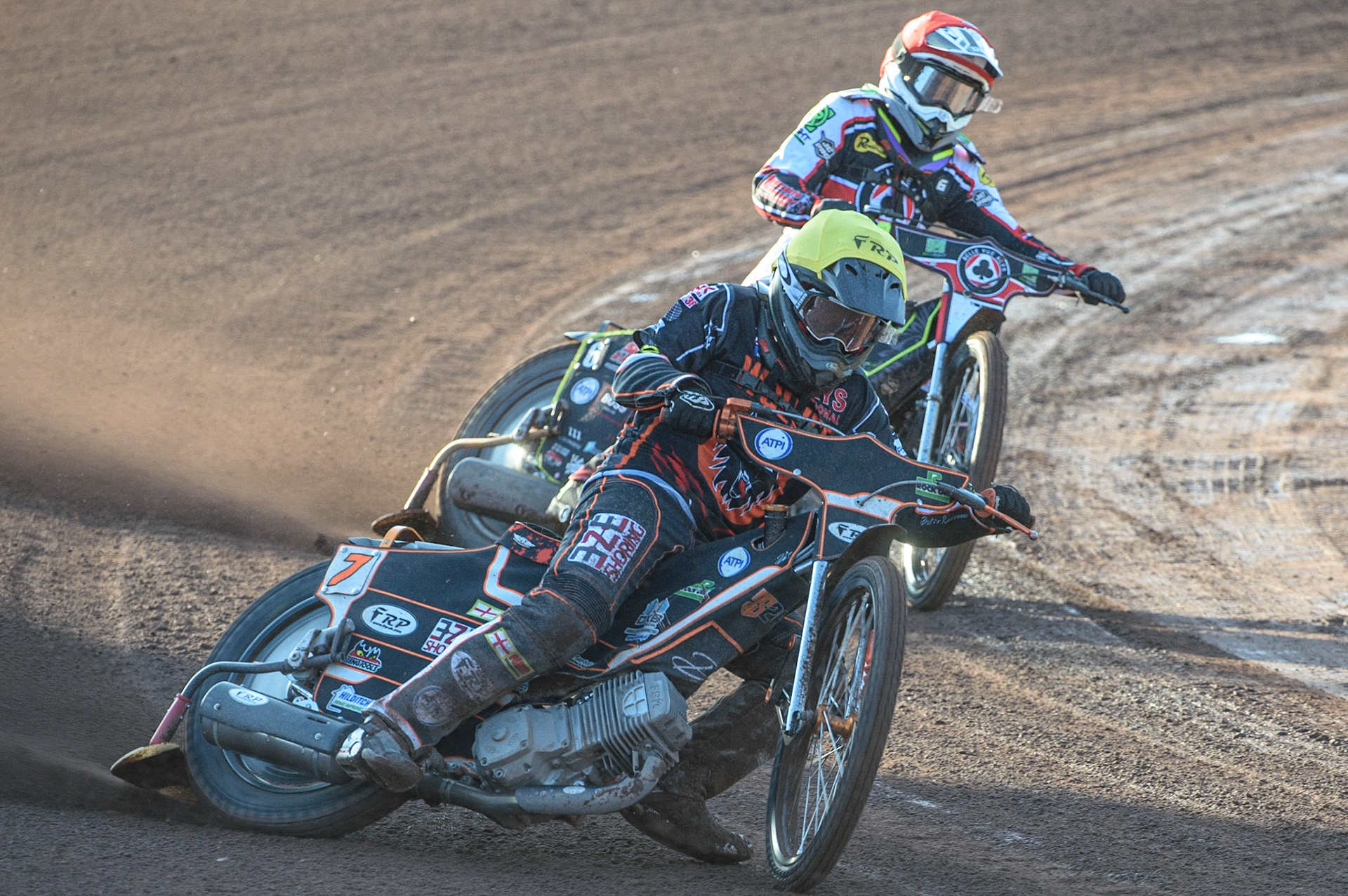 MANCHESTER, UK. JULY 15TH   Jack Smith (Yellow) leads Tom Brennan  (Red) during the SGB Premiership match between Belle Vue Aces and Wolverhampton Wolves at the National Speedway Stadium, Manchester on Thursday 15th July 2021. (Credit: Ian Charles | MI News)
