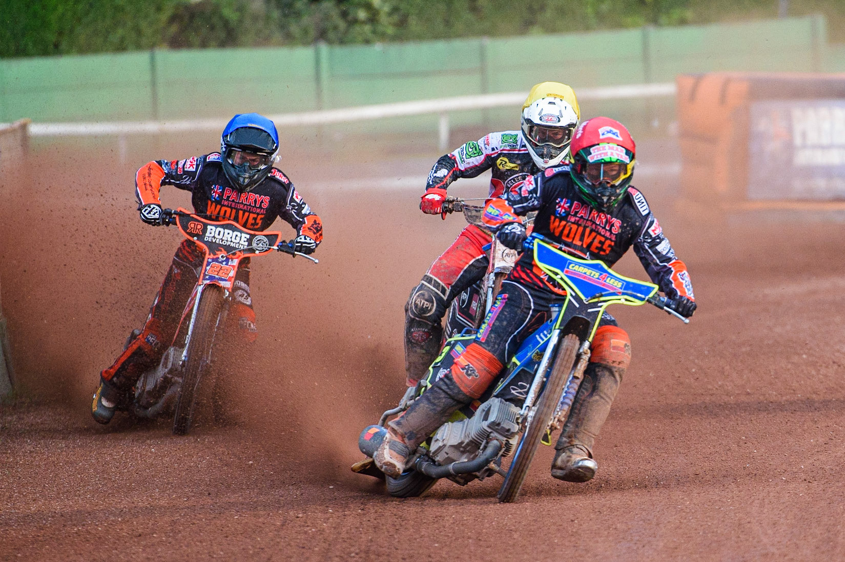 WOLVERHAMPTON, UK. JULY 26TH Nick Morris  (Red) leads Richie Worrall  (Yellow) and Luke Becker  (Blue) during the SGB Premiership match between Wolverhampton Wolves and Belle Vue Aces at the Ladbroke Stadium, Wolverhampton on Monday 26th July 2021. (Credit: Ian Charles | MI News)