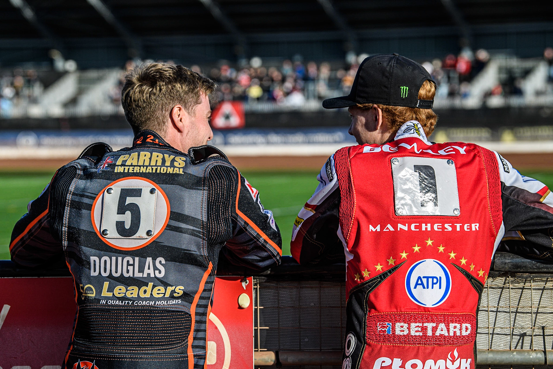 Ryan Douglas (left) with Dan Bewley discuss the track during the Sports Insure Premiership match between Belle Vue Aces and Wolverhampton Wolves at the National Speedway Stadium, Manchester on Monday 3rd July 2023. (Photo: Ian Charles | MI News)
