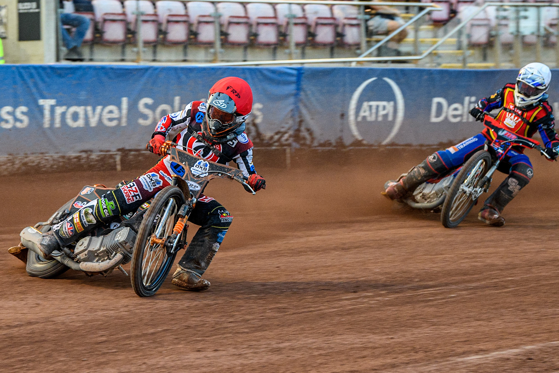 Jack Smith (Red) leads Jacob Hook (White) during the National Development League match between Belle Vue Colts and Kent Royals at the National Speedway Stadium, Manchester on Friday 7th July 2023. (Photo: Ian Charles | MI News)