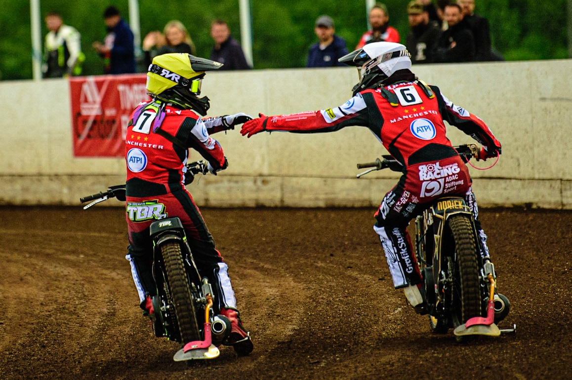 PETERBOROUGH, UK. MAY 9TH Tom Brennan  (Yellow) and Norick Blödorn  celebrate their win  during the SGB Premiership match between Peterborough Panthers and Belle Vue Aces at East of England Showground, Peterborough on Monday 9th May 2022. (Credit: Ian Charles | MI News)