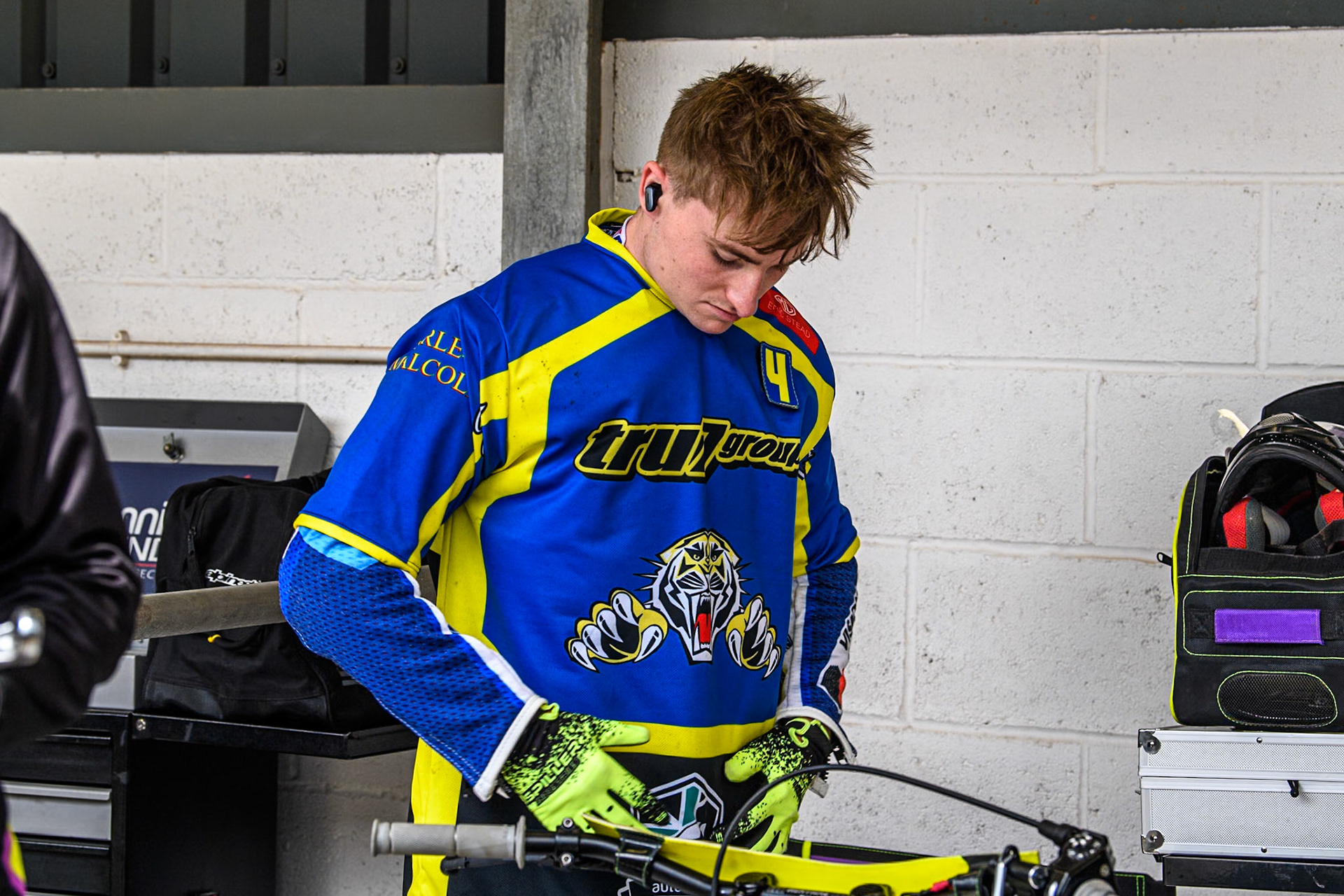 Sheffield Tigers' Guest rider Tom Brennan prepares for the meeting during the Rowe Motor Oil Premiership match between Belle Vue Aces and Sheffield Tigers at the National Speedway Stadium, Manchester on Monday 27th May 2024. (Photo: Ian Charles | MI News)