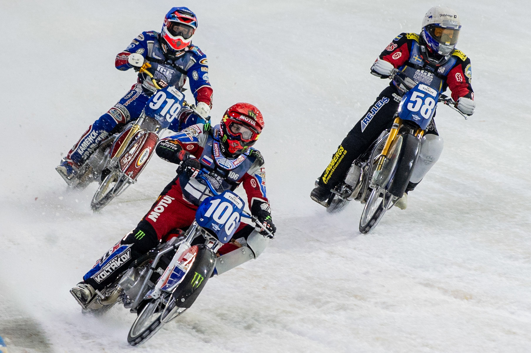 Photo: Ian Charles

Stefan Svensson (58) tries to pass both Dmitri Khomitsevich (919) and Dmitri Koltakov (106) on the inside 

FIM Ice Speedway Gladiators World Championship, Event 5.1, Ice Rink Thialf, Heerenveen, Netherlands Saturday  30  March  2019