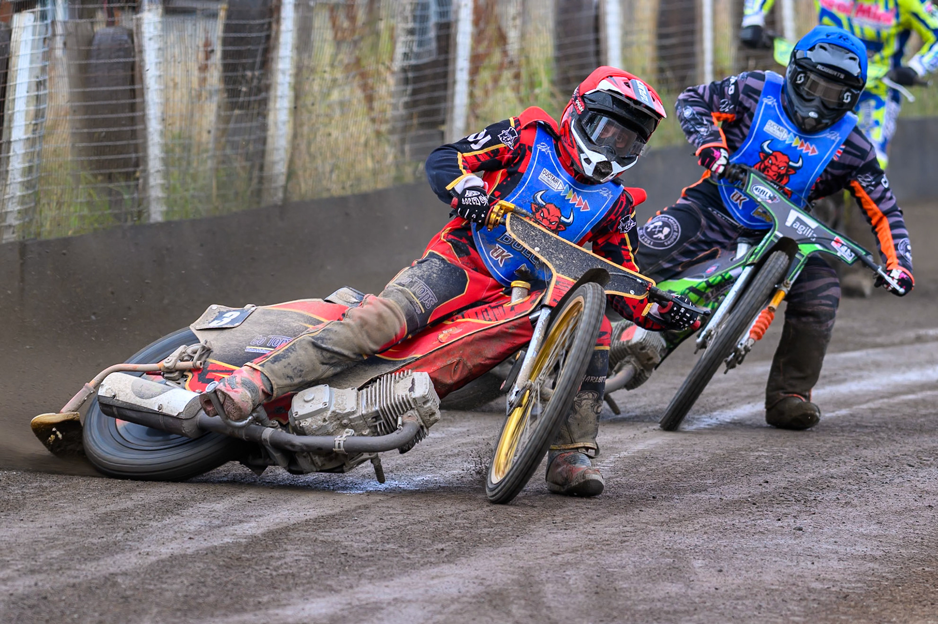 Luke Harris of Buxton Bulls in Red  and Jack Roberts of Buxton Bulls in Blue  leading during the WSRA National Development League match between Buxton Bulls and Oxford Chargers at Hi-Edge Speedway, Buxton on Sunday 2nd August 2026. (Photo: Ian Charles | MI News)