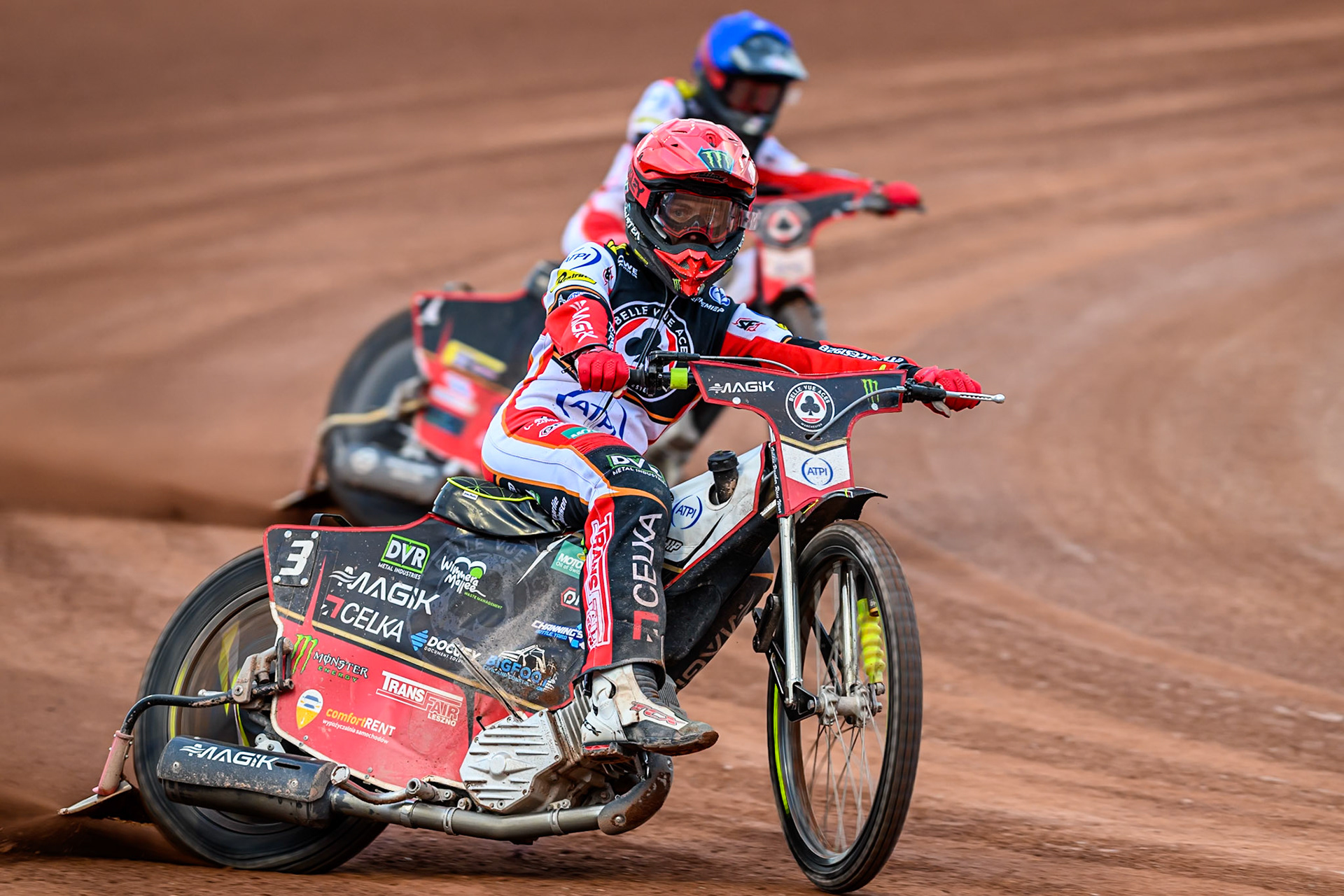Belle Vue Aces' Jaimon Lidsey in Red leading team mate Zach Cook in Blue during the Rowe Motor Oil Premiership match between Belle Vue Aces and King's Lynn Stars at the National Speedway Stadium, Manchester on Monday 23rd June 2025. (Photo: Ian Charles | MI News)