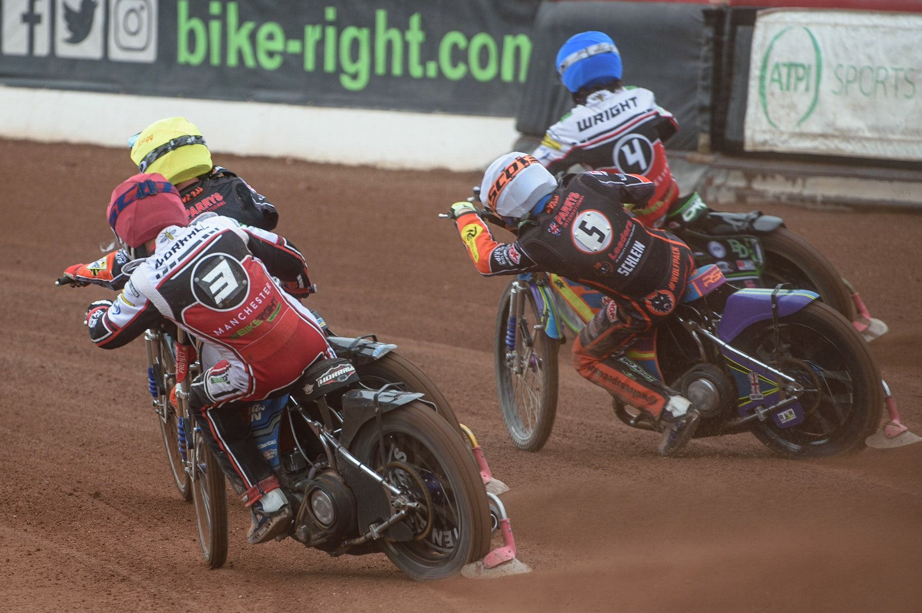 MANCHESTER, UK. AUGUST 30TH Steve Worrall  (Red) chases Ryan Douglas  (Yellow)  Rory Schlein  (White), and Charles Wright  (Blue) during the SGB Premiership match between Belle Vue Aces and Wolverhampton Wolves at the National Speedway Stadium, Manchester on Monday 30th August 2021. (Credit: Ian Charles | MI News)