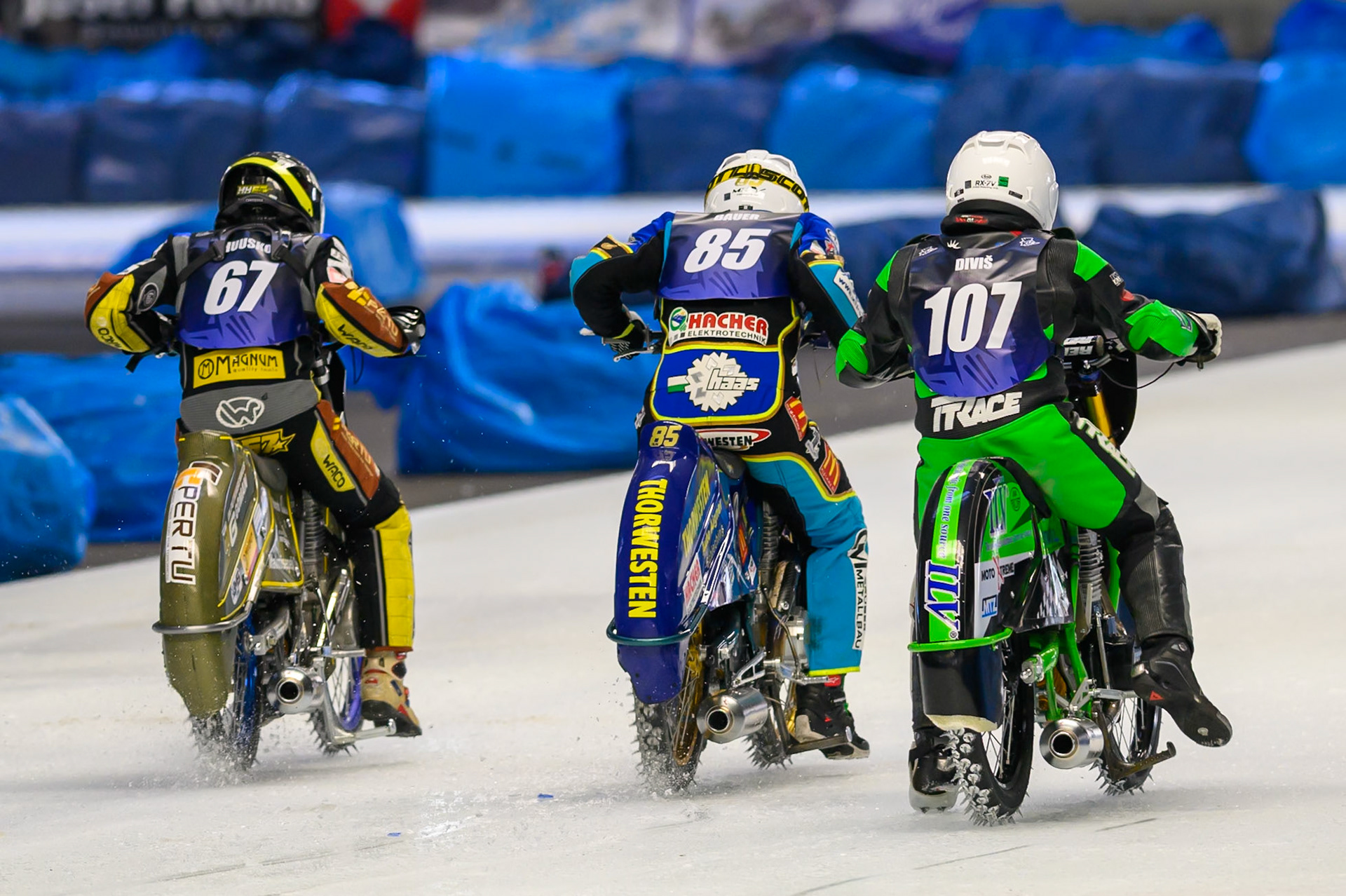 (L to R) Heikki Husko (67) of Finland, Luca Bauer (85) of Italy/Germany Andrej Divis (107) of Czechia do practice starts during Practice for the Ice Speedway Gladiators World Championship Finals at Max-Aicher-Arena, Inzell on Friday 13th March 2026. (Photo: Ian Charles | MI News)