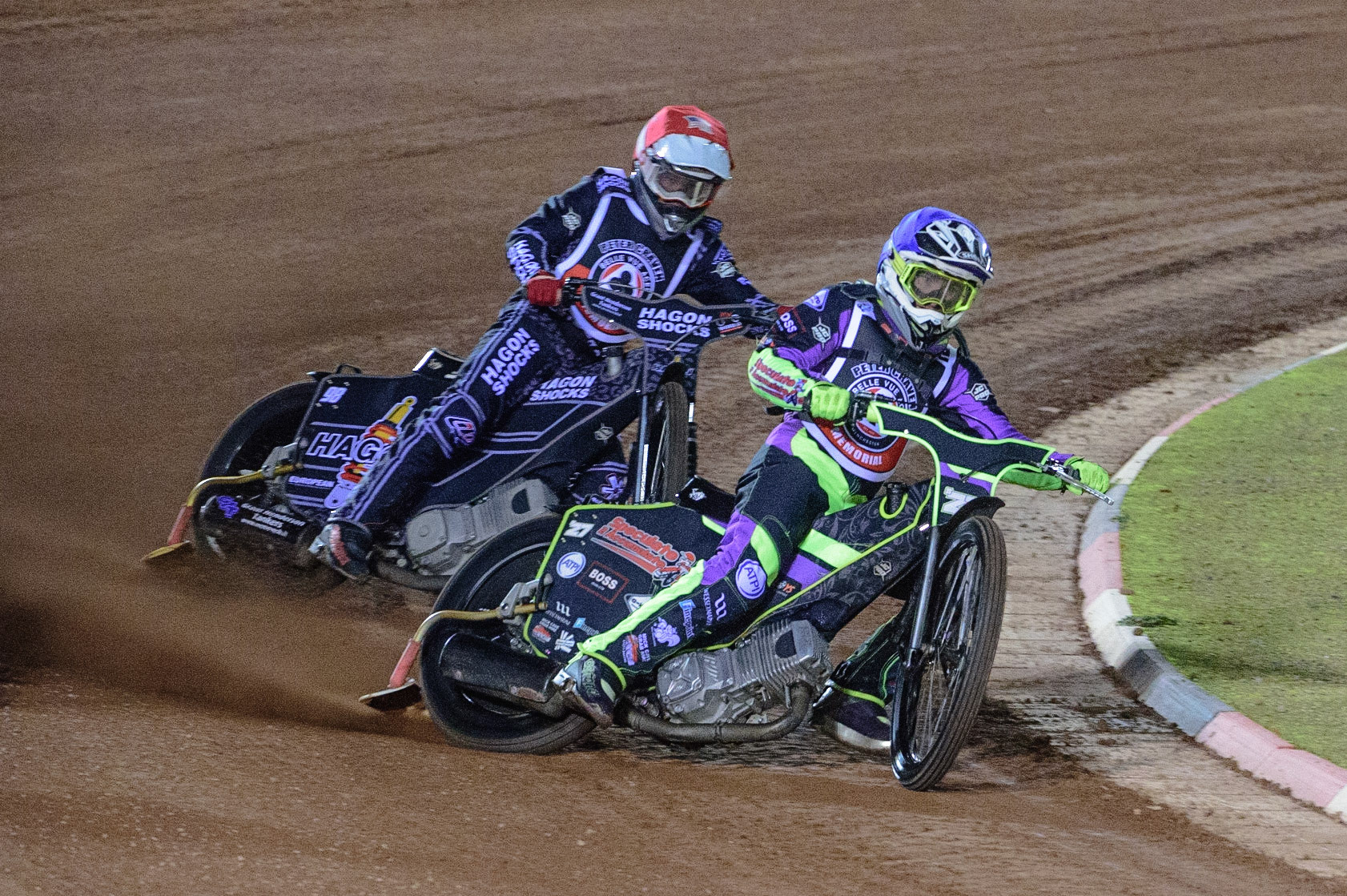 MANCHESTER, UK. OCT 23RD  Tom Brennan  (Blue) leads Broc Nicol  (Red) during the Peter Craven Memorial Trophy event at the National Speedway Stadium, Manchester on Saturday 23rd October 2021. (Credit: Ian Charles | MI News)