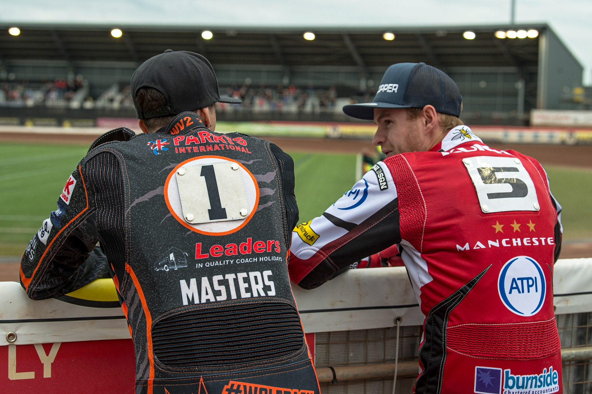 MANCHESTER, UK. JUN 13TH Sam Masters (left) chats with Brady Kurtz  during the SGB Premiership match between Belle Vue Aces and Wolverhampton  Wolves at the National Speedway Stadium, Manchester on Monday 13th June 2022. (Credit: Ian Charles | MI News)