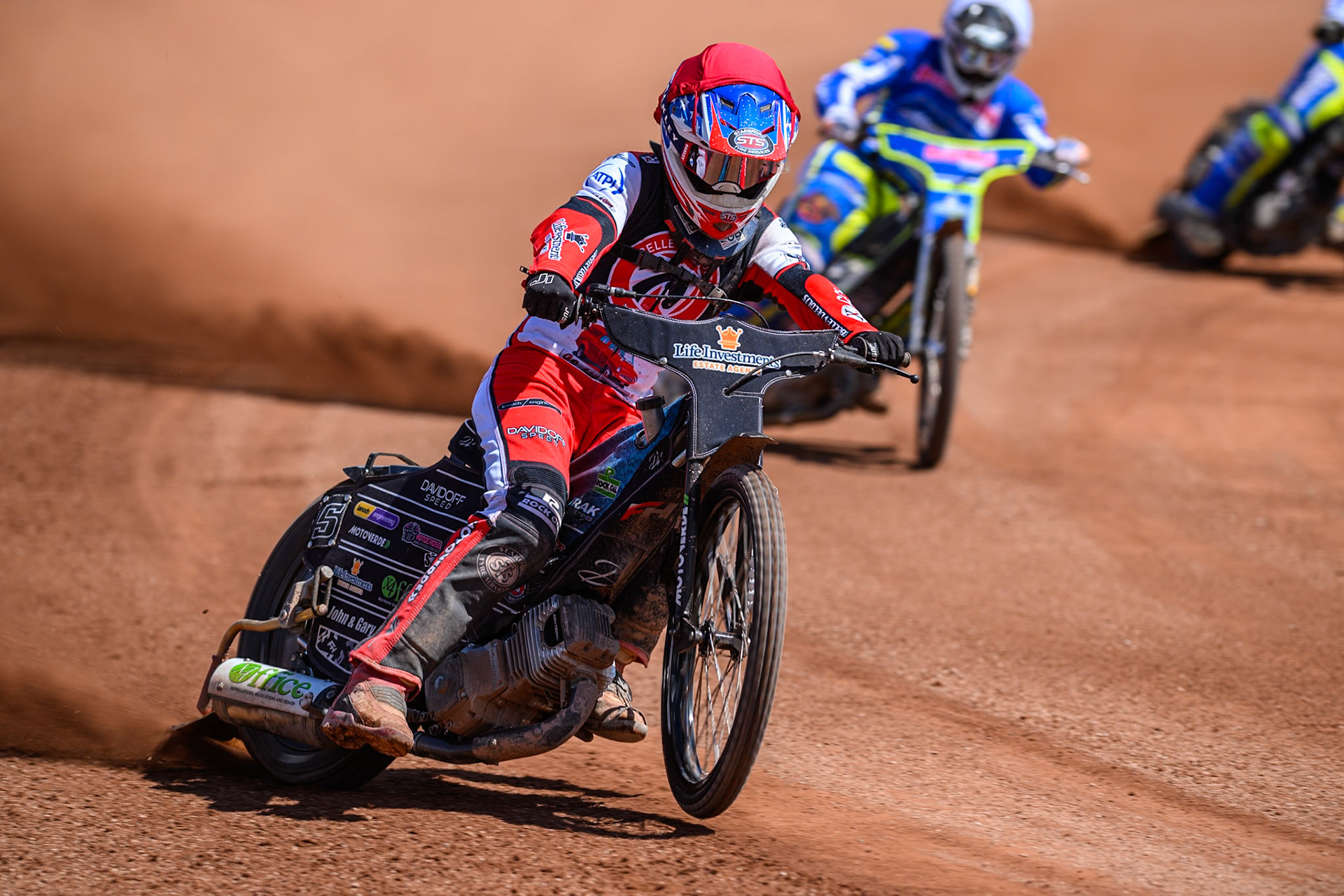 Belle Vue Colts' Freddy Hodder  in Red leading Oxford Chargers' Ashton Vale  in Yellow during the WSRA National Development League match between Belle Vue Colts and Oxford Chargers at the National Speedway Stadium, Manchester on Sunday 1st June 2025. (Photo: Ian Charles | MI News)