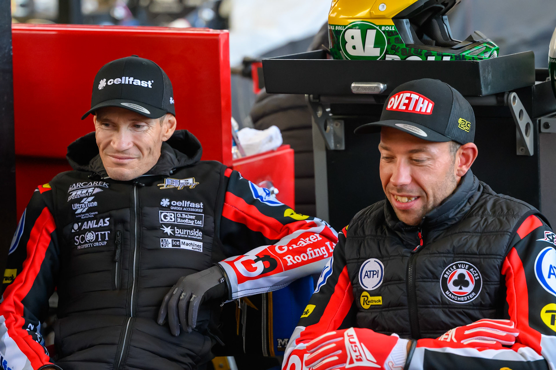 Jason Doyle of Belle Vue Aces (Left)  with Peter Kildemand of Belle Vue Aces during the Rowe Motor Oil Premiership match between Sheffield Tigers and Belle Vue Aces at Owlerton Stadium, Sheffield on Monday 31st August 2026. (Photo: Ian Charles | MI News)