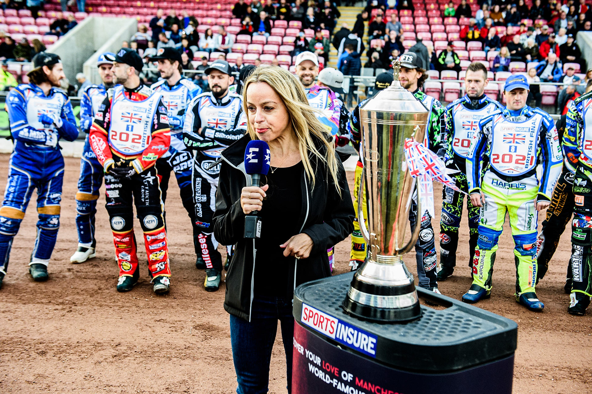 MANCHESTER, UK. AUGUST 16TH   Eurosport presenter Abi Stephens prepares to record the introduction to the programme during the Sports Insure British Speedway Finals at the National Speedway Stadium, Manchester on Monday 16th August 2021. (Credit: Ian Charles | MI News)