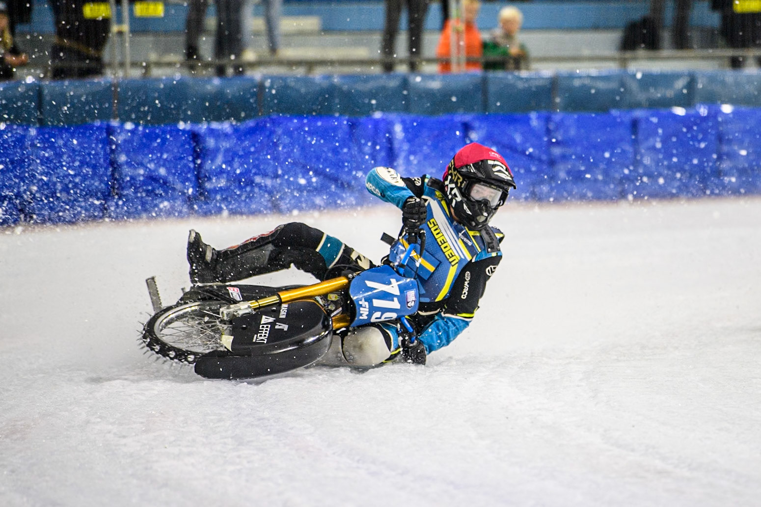 Filip Jäger (719) of Sweden in Red loses control of his bike in the re-run of Heat 17 during the FIM Ice Speedway Gladiators World Championship, Final 4 at the Ice Stadium, Thialf, Heerenveen on Sunday 6th April 2025. (Photo: Ian Charles | MI News)