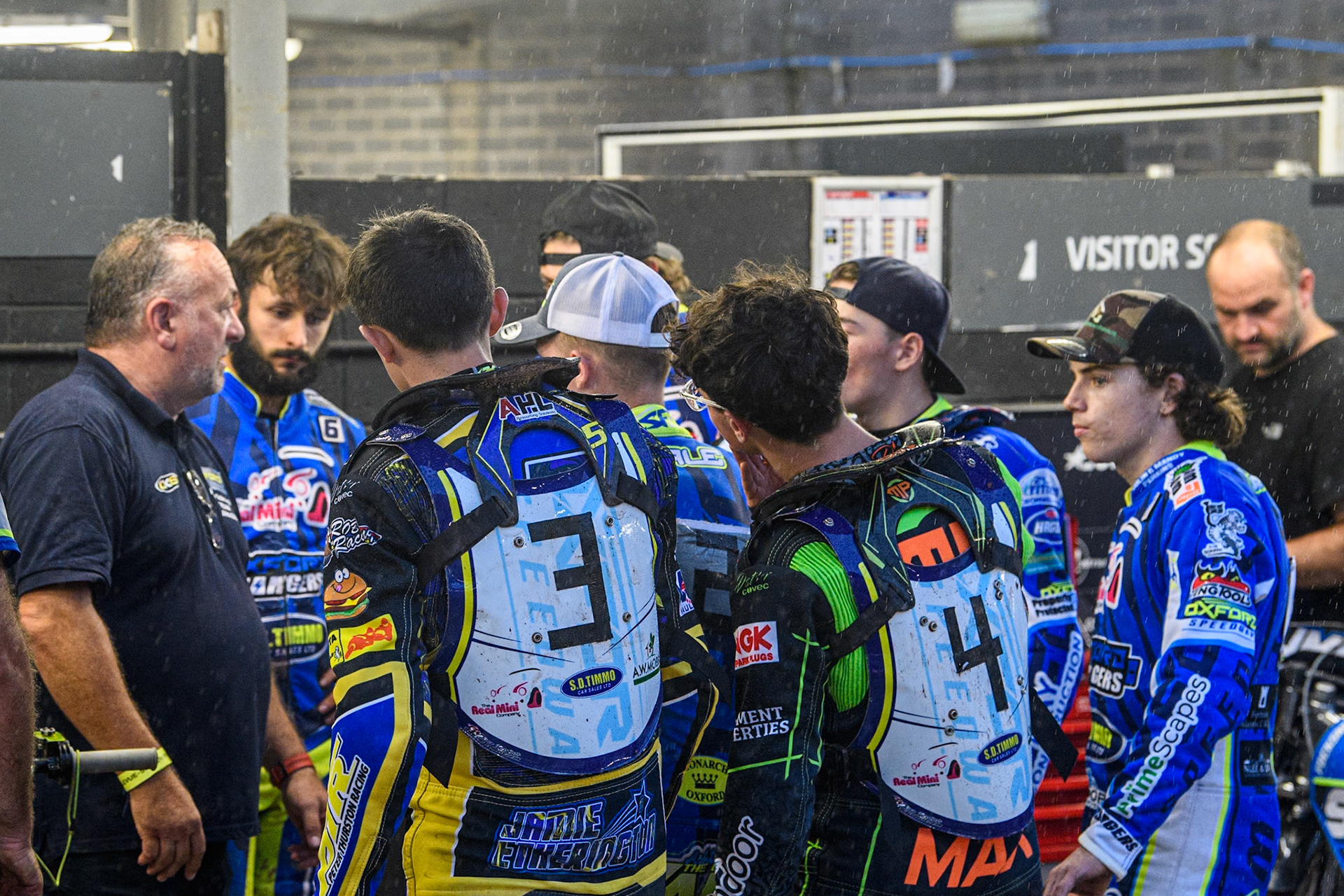 As the rain interrupted the racing, the Oxford Chargers held a team meeting during the WSRA National Development League match between Belle Vue Colts and Oxford Chargers at the National Speedway Stadium, Manchester on Friday 2nd August 2024. (Photo: Ian Charles | MI News)