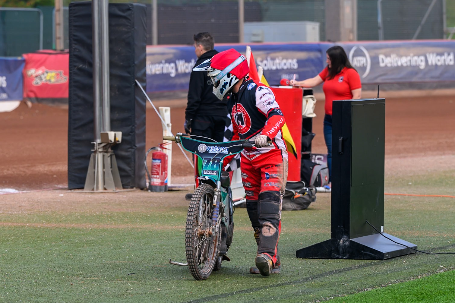Belle Vue Colts' Mason Watson pushes his bike back after his mechanical problem during his final heat of the afternoon during the WSRA National Development League match between Belle Vue Aces and Edinburgh Academy at the National Speedway Stadium, Manchester on Sunday 12th October 2025. (Photo: Ian Charles | MI News)