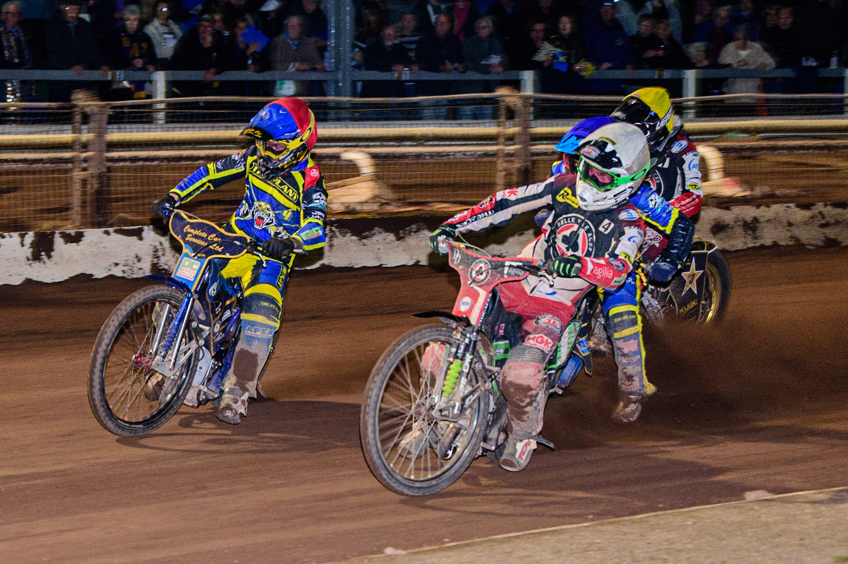 Charles Wright  (White) inside Kyle Howarth  (Red) with Justin Sedgmen  (Blue) and Norick Blodorn  (Yellow) during the SGB Premiership match between Sheffield Tigers and Belle Vue Aces at Owlerton Stadium, Sheffield on Thursday 22nd September 2022. (Credit: Ian Charles | MI News)