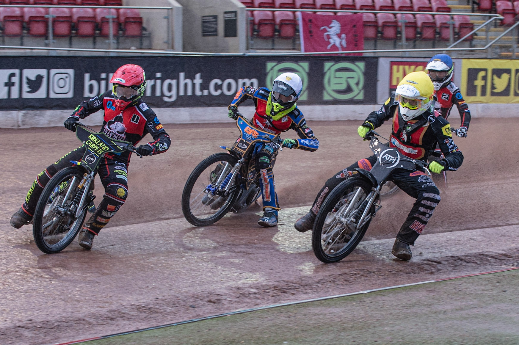 Photo: Ian Charles

Belle Vue Colts Kyle Bickley  (Red) leads Anders Rowe  (White) and Daniel Gilkes (Yellow) with Ben Rathbone  behind

Belle Vue Colts v Kent Kings, SGB National League, Belle Vue National Speedway Stadium, Manchester, Thursday 1  August  2019