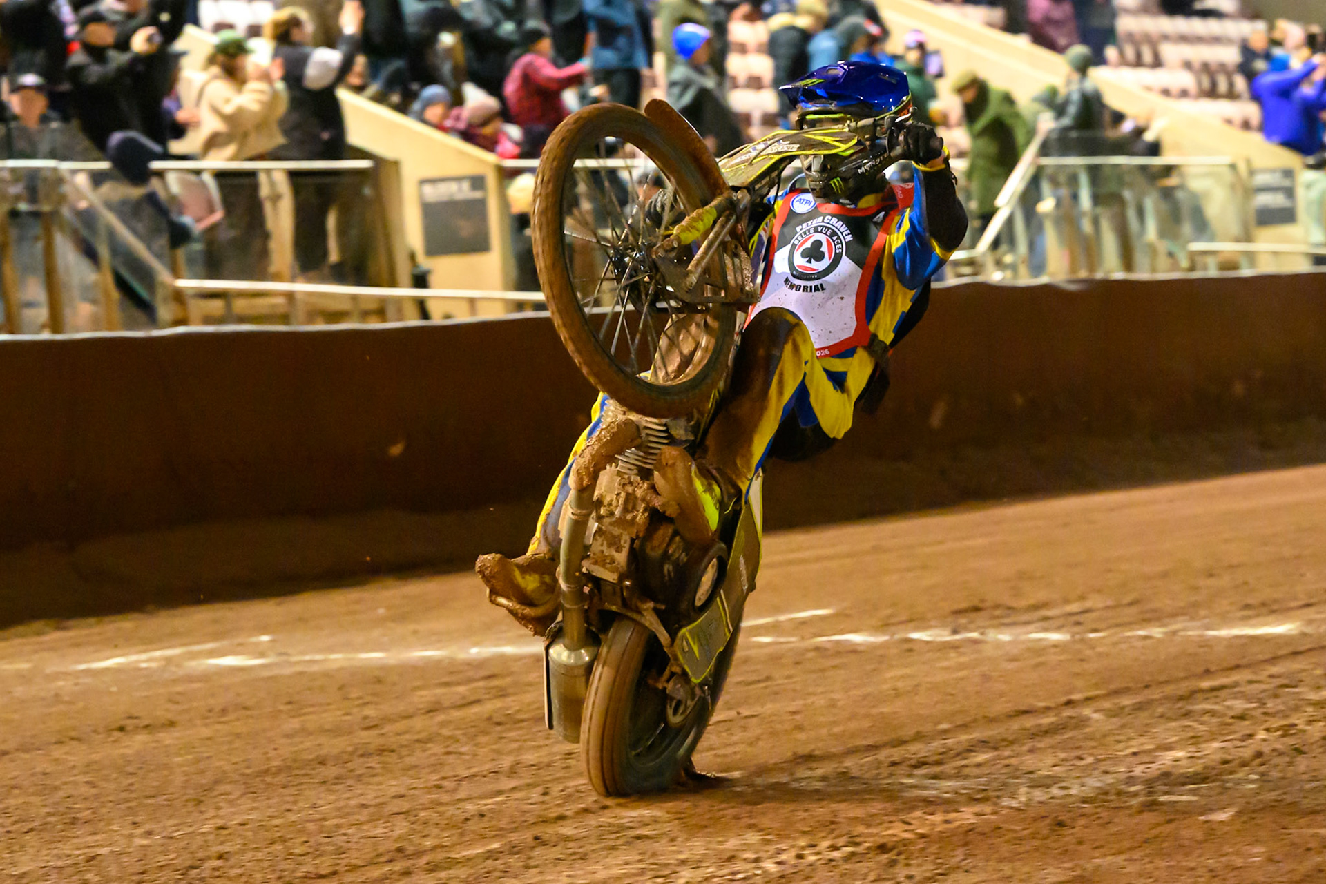 Chris Holder   does a wheelie during the Peter Craven Memorial Trophy at the National Speedway Stadium, Manchester, on Monday 16th March 2026. (Photo: Ian Charles | MI News)