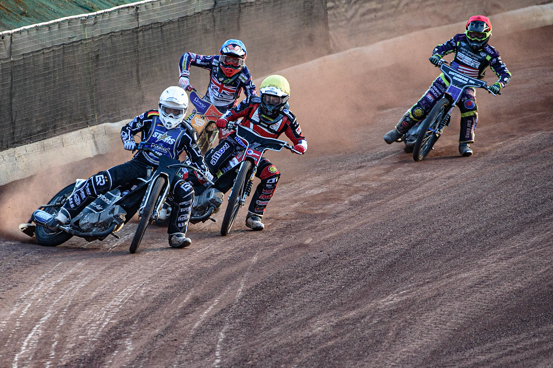 GLASGOW, UK. JUNE 19TH.  Erik Riss (Germany) (White) leads Nicolai Klindt (Denmark) (Yellow) Drew Kemp (Reserve) (Great Britain) (Blue) and Max Ruml (USA) (Red) during the FIM Speedway Grand Prix Qualifying Round at the Peugeot Ashfield Stadium, Glasgow on Saturday 19th June 2021. (Credit: Ian Charles | MI News)