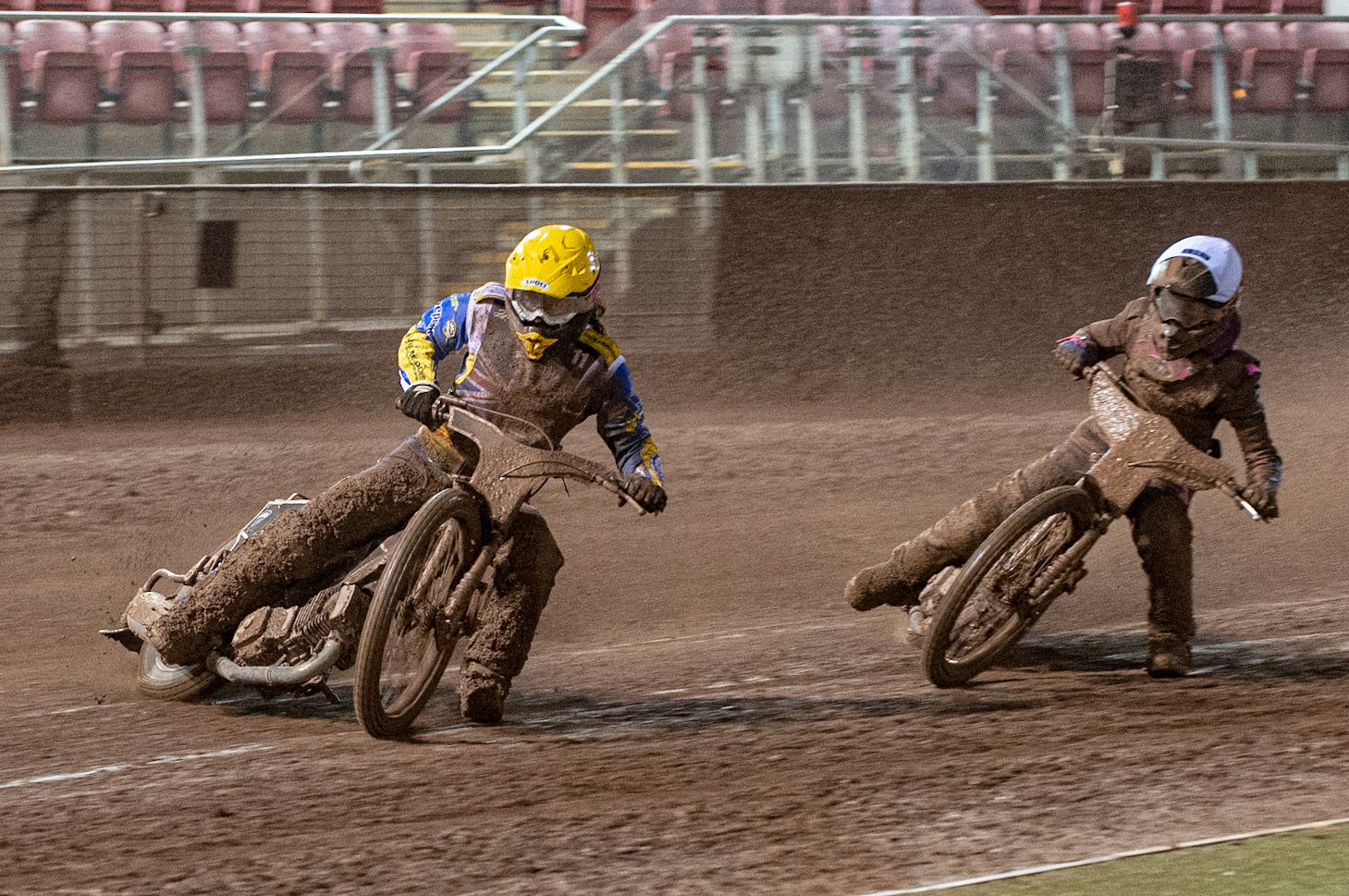 Photo: Ian CharlesRichard Lawson   (Yellow)  leads  Josh Bates   (White) Sports Insure British Speedway Championship Final, National Speedway Stadium, Manchester Monday  28  September  2020