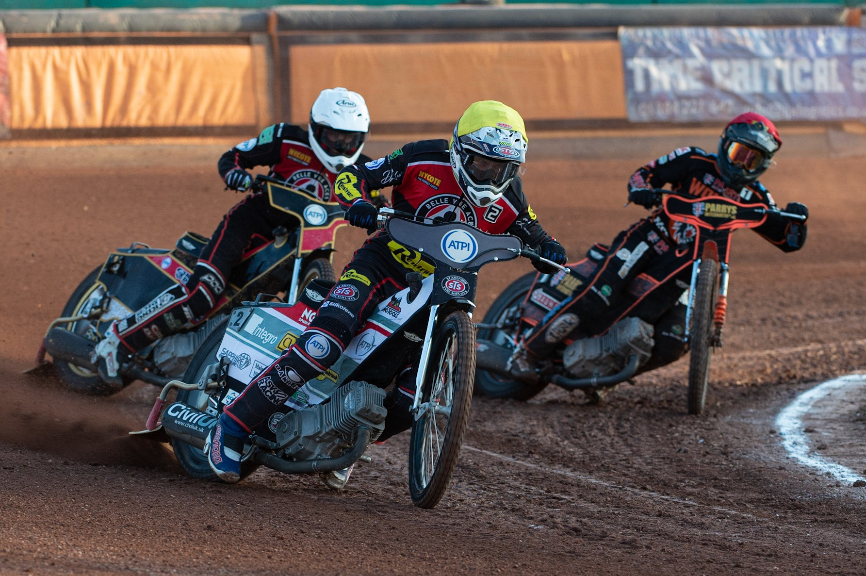 Photo by Ian Charles:

Steve Worrall  (Yellow) and Max Fricke  (White) lead Jacob Thorssell (Red)

Wolverhampton Wolves v Belle Vue Aces, British Speedway Premiership 5 August 2019