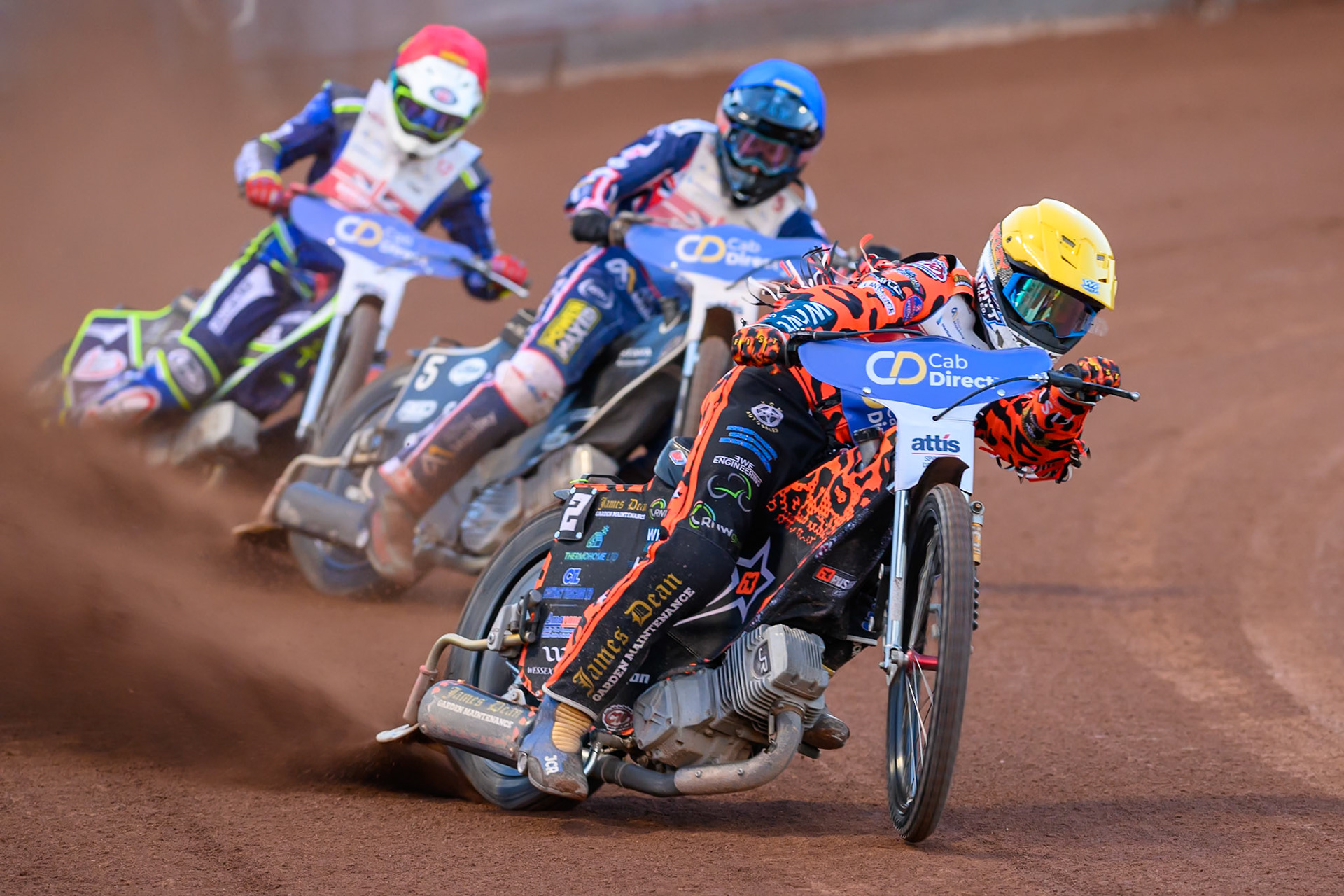 Cooper Rushen (2) in Yellow leading Adam Ellis (5) in Blue and Jake Mulford (12) in Red during the Cab Direct British Speedway Championship Final at the National Speedway Stadium, Manchester on Saturday 15th August 2026. (Photo: Ian Charles | MI News)