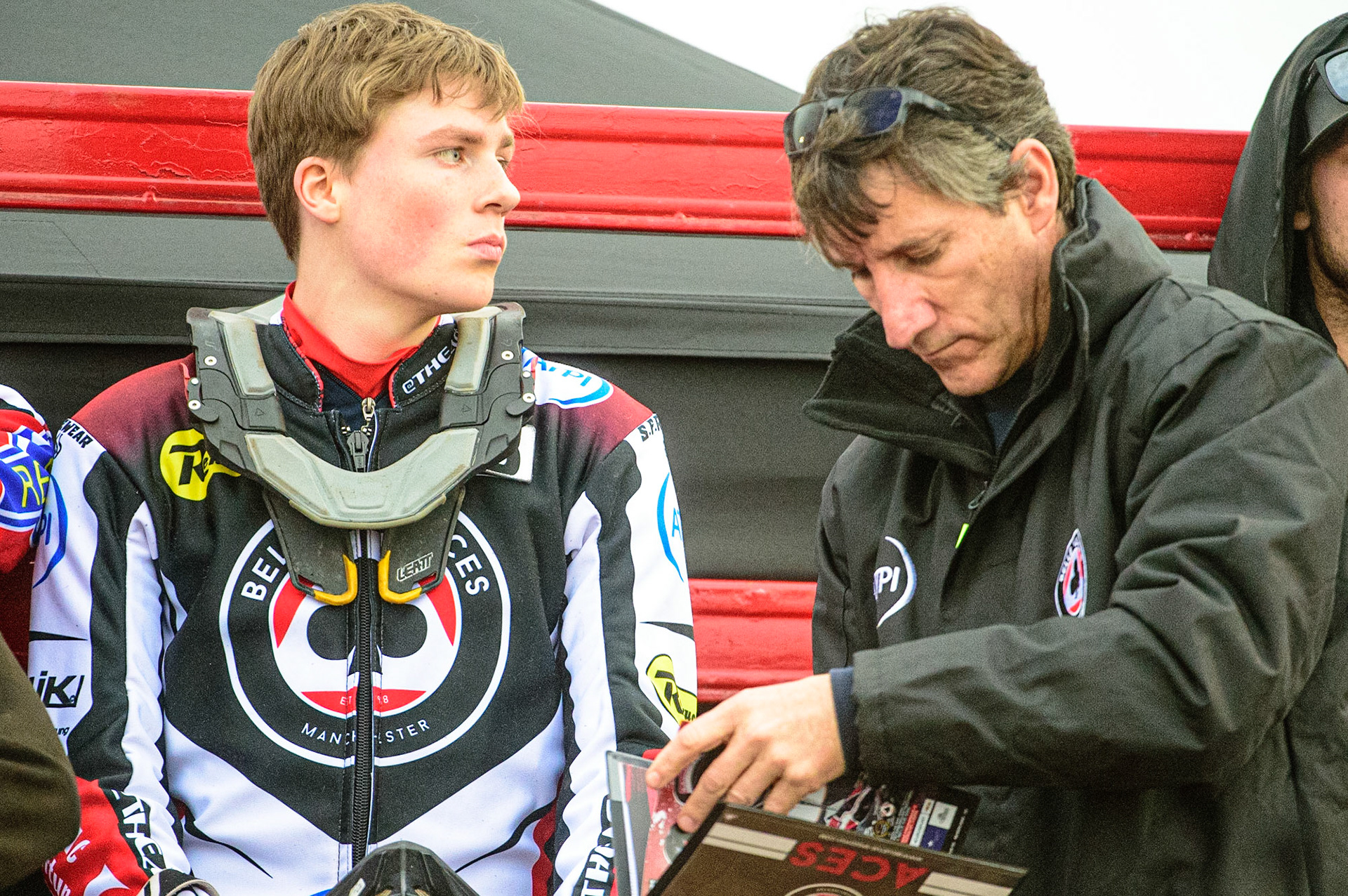 PETERBOROUGH, UK. MAY 9TH  Norick Blödorn  (left) with Mark Lemon   during the SGB Premiership match between Peterborough Panthers and Belle Vue Aces at East of England Showground, Peterborough on Monday 9th May 2022. (Credit: Ian Charles | MI News)