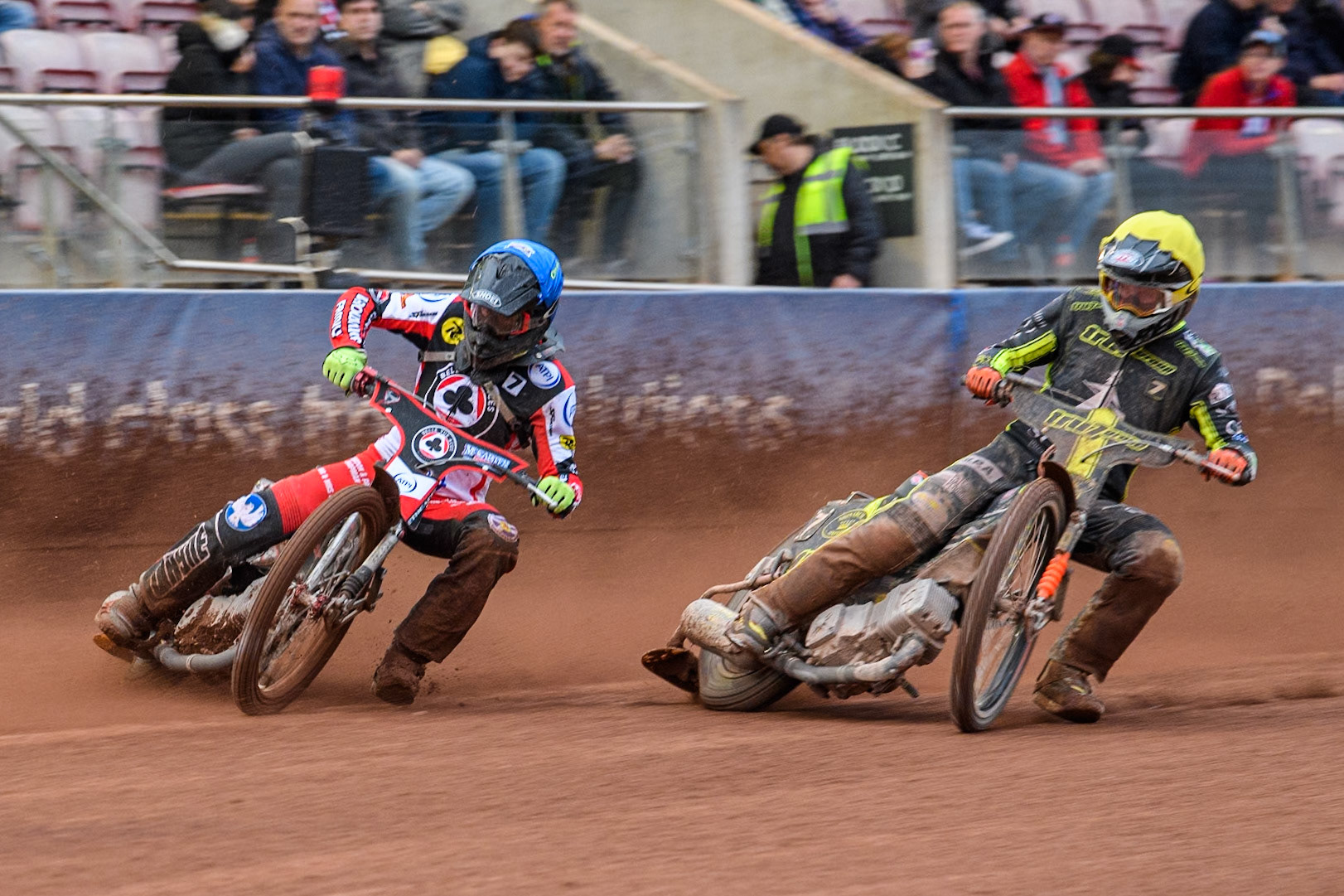 Belle Vue Aces' Connor Bailey  in Blue leading Ipswich Witches' Jordan Jenkins in Yellow during the Rowe Motor Oil Premiership match between Belle Vue Aces and Ipswich Witches at the National Speedway Stadium, Manchester on Monday 1st July 2024. (Photo: Ian Charles | MI News)