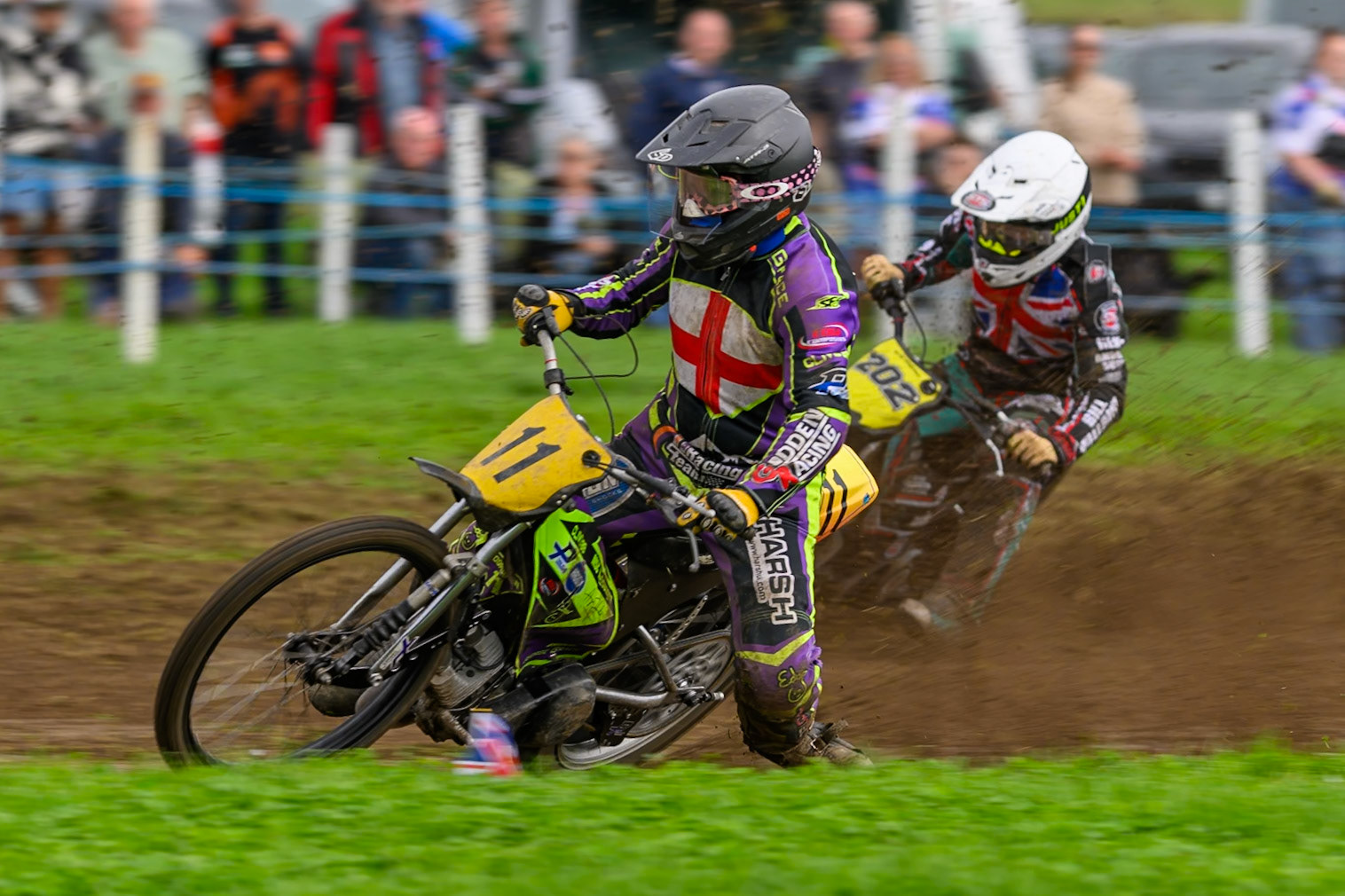 British Masters (Solos): Paul Cooper (11) leading Alfie Bowtell (202) during the British Masters Grasstrack Championship at Lower Marsh Farm, Much Hoole, Preston in Lancashire, England on Sunday 13th September 2026. (Photo: Ian Charles | MI News)