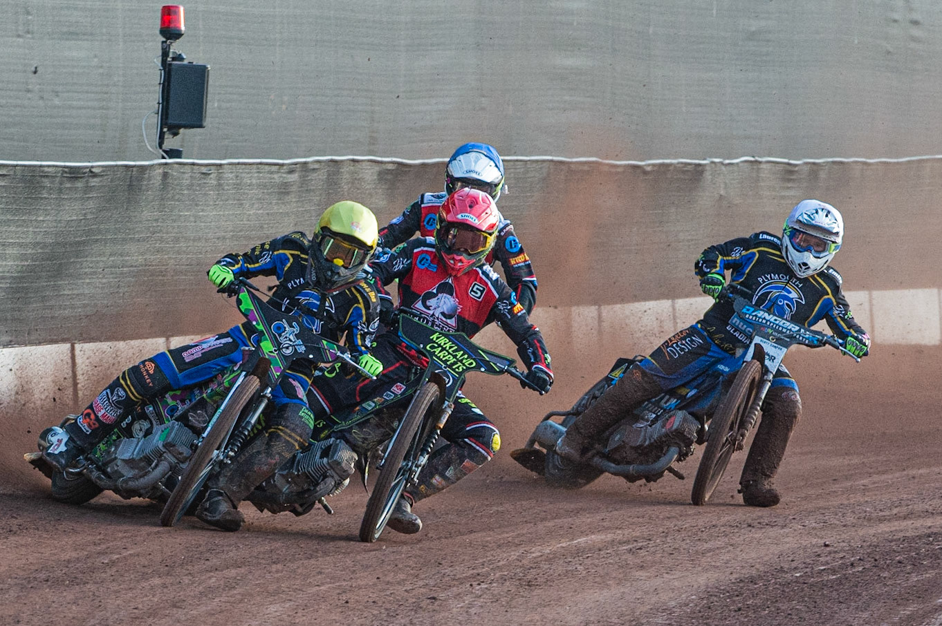 Photo: Ian Charles

Richard Andrews  (Yellow) battles with Kyle Bickley  (Red) with Ben Rathbone (Blue) and Scott Campos  (White) behind

Belle Vue Colts v Plymouth Gladiators National League, Belle Vue National Speedway Stadium, Manchester, Thursday 23  May  2019