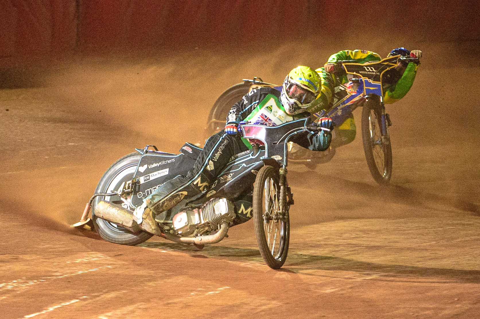 Rohan Tungate (Australia) (Yellow) leads Jack Holder (Australia) (Blue) during the FIM Speedway Grand Prix Challenge at the Peugeot Ashfield Stadium, Glasgow on Saturday 20th August 2022. (Credit: Ian Charles | MI News)