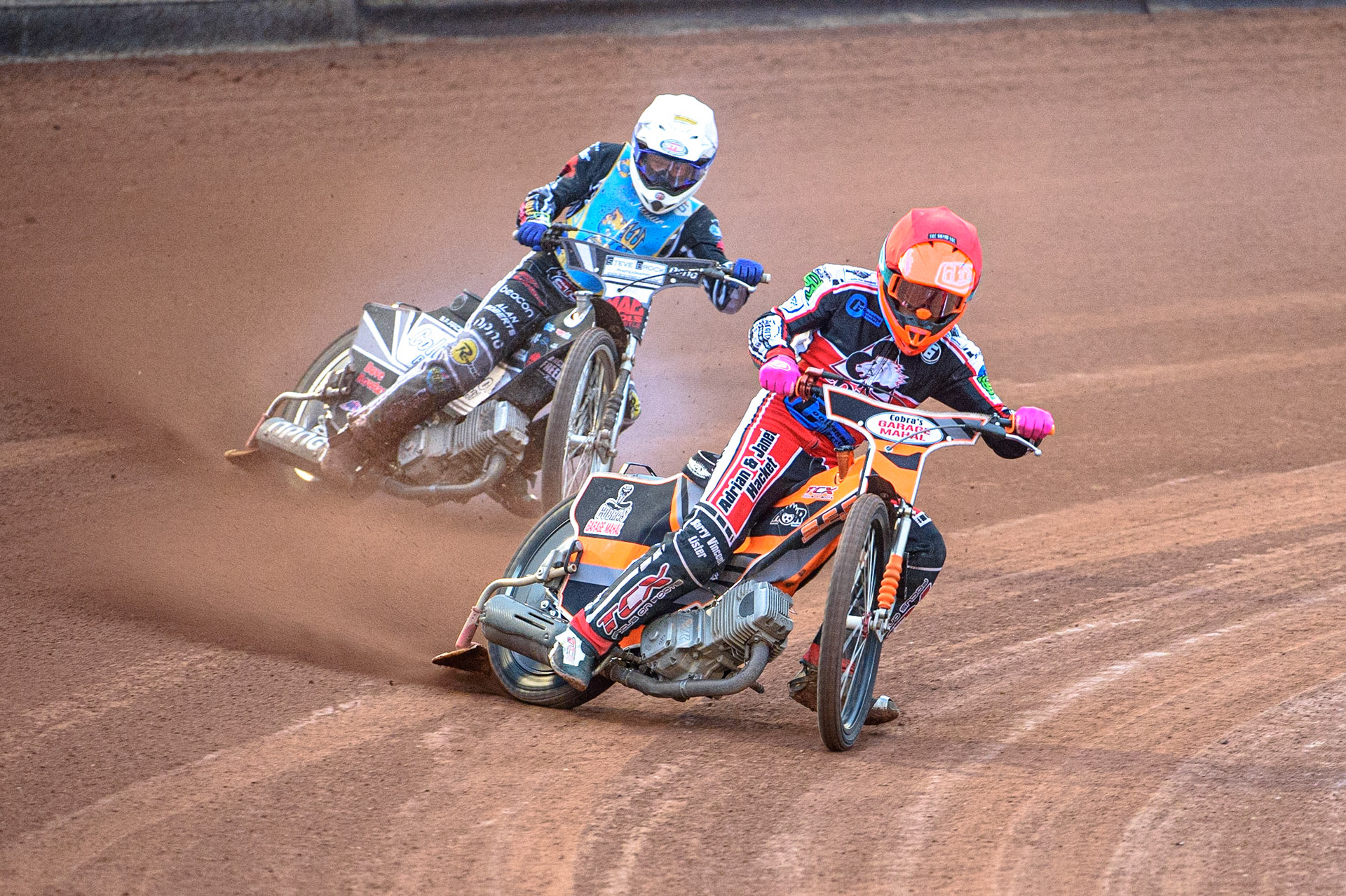 MANCHESTER, UK. AUGUST 20TH  Connor Coles  (Red) leads Archie Freeman  (White)during the National Development League match between Belle Vue Aces and Armadale Devils at the National Speedway Stadium, Manchester on Friday 20th August 2021. (Credit: Ian Charles | MI News)