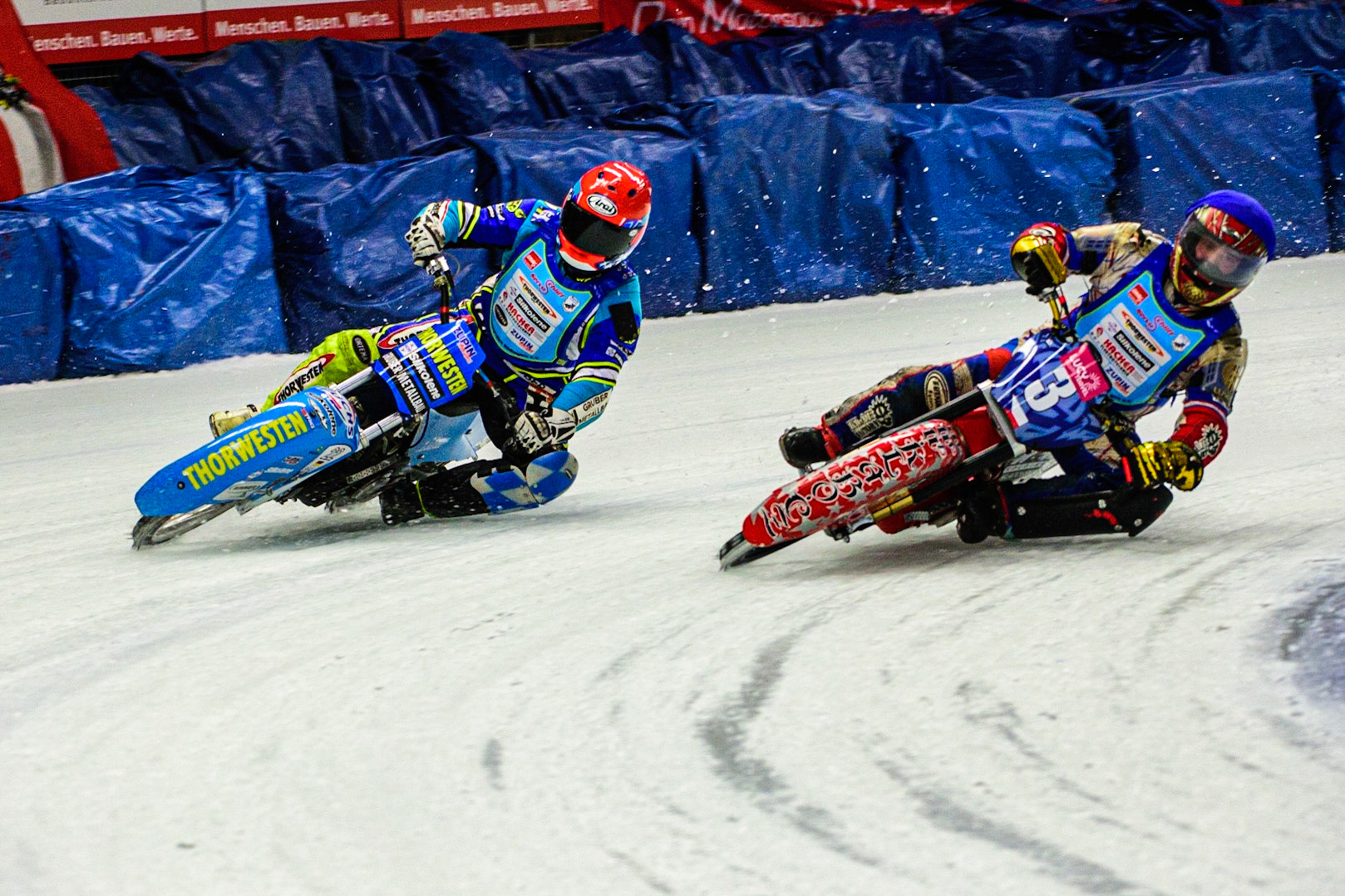 Antonin Klatovsky (Blue) inside Günther Bauer (Red) during the Race of Legends at the Max-Aicher-Arena, Inzell on Friday 17th March 2023. (Photo: Ian Charles | MI News)