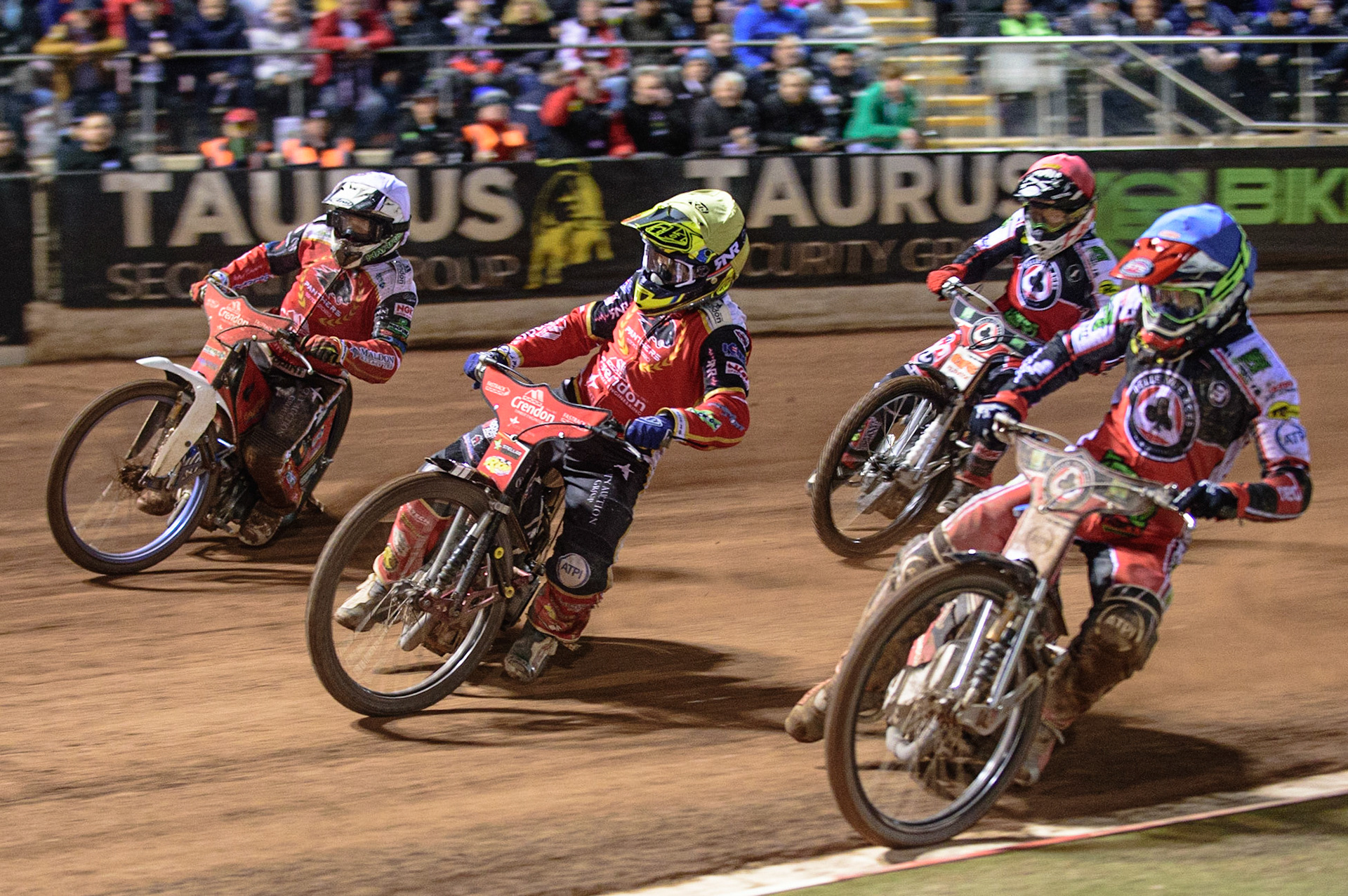 MANCHESTER, UK. OCT 11TH  Richie Worrall  (Blue) inside Scott Nicholls  (Yellow) and Chris Harris (White) with Dan Bewley  (Red) behind during the SGB Premiership Grand Final 1st Leg between Belle Vue Aces and Peterborough Panthers at the National Speedway Stadium, Manchester on Monday 11th October 2021. (Credit: Ian Charles | MI News)