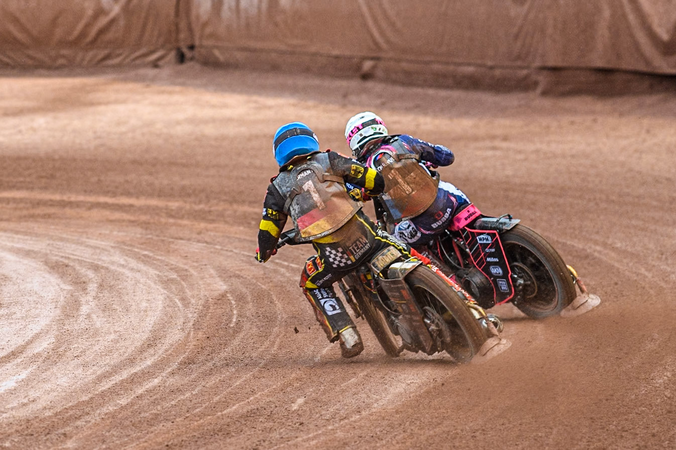 Norick Blödorn of Germany in Blue chases Adam Bubba Bednar of Czech Republic in White during the Monster Energy FIM Speedway of Nations 2 (Under 21) Final at the National Speedway Stadium, Manchester on Friday 12th July 2024. (Photo: Ian Charles | MI News)